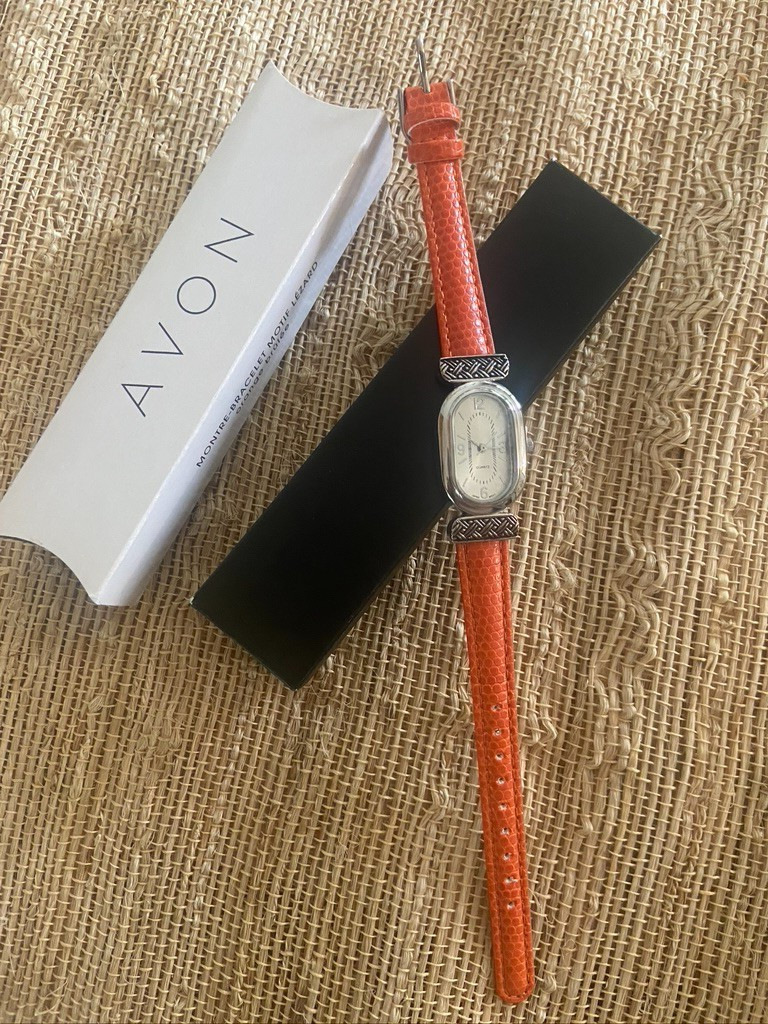 Avon Women’s Watch oval silver-tone case burnt orange lizard pattern strap