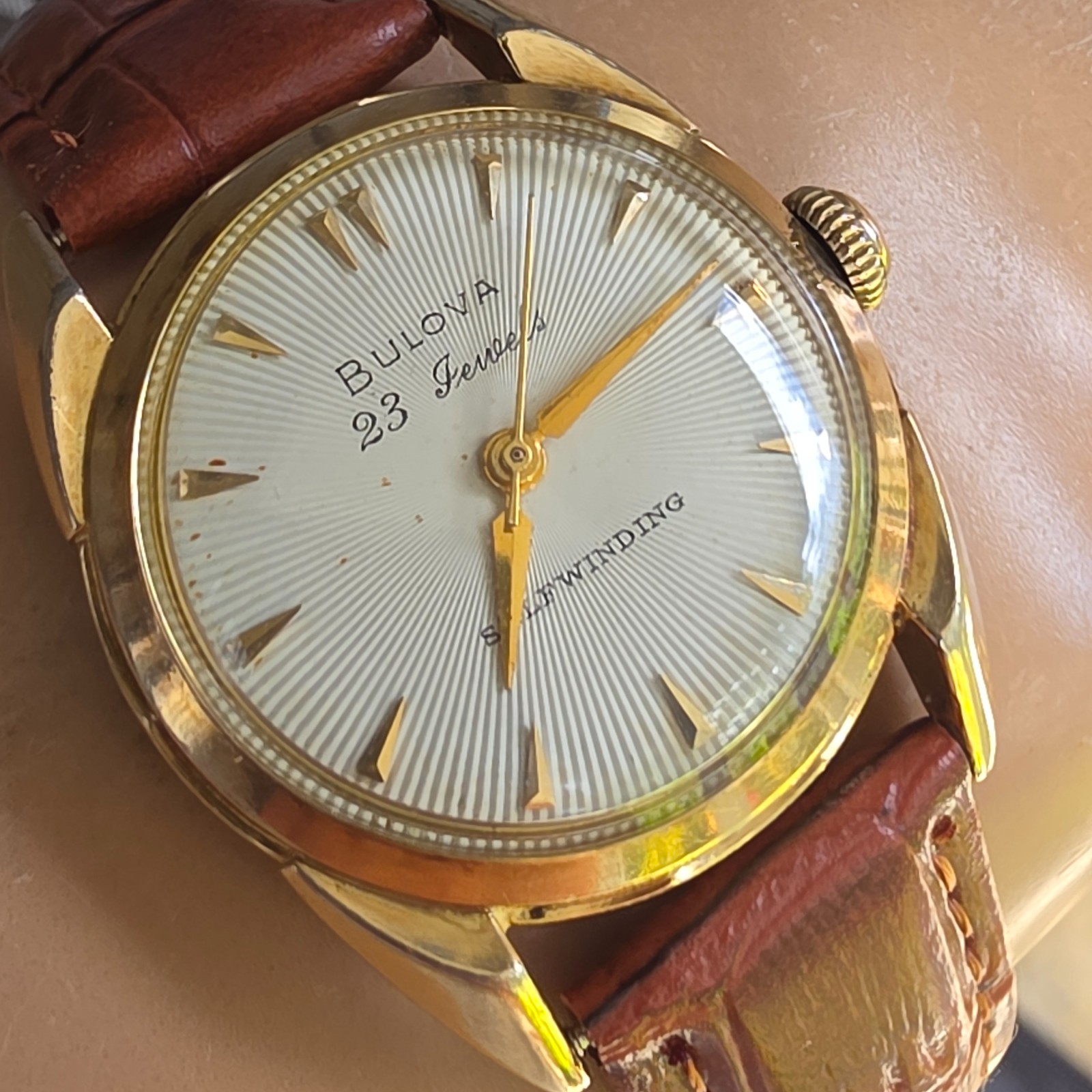 Vintage Bulova “23”men’s automatic watch 10K RGP Sunburst dial USA 1958