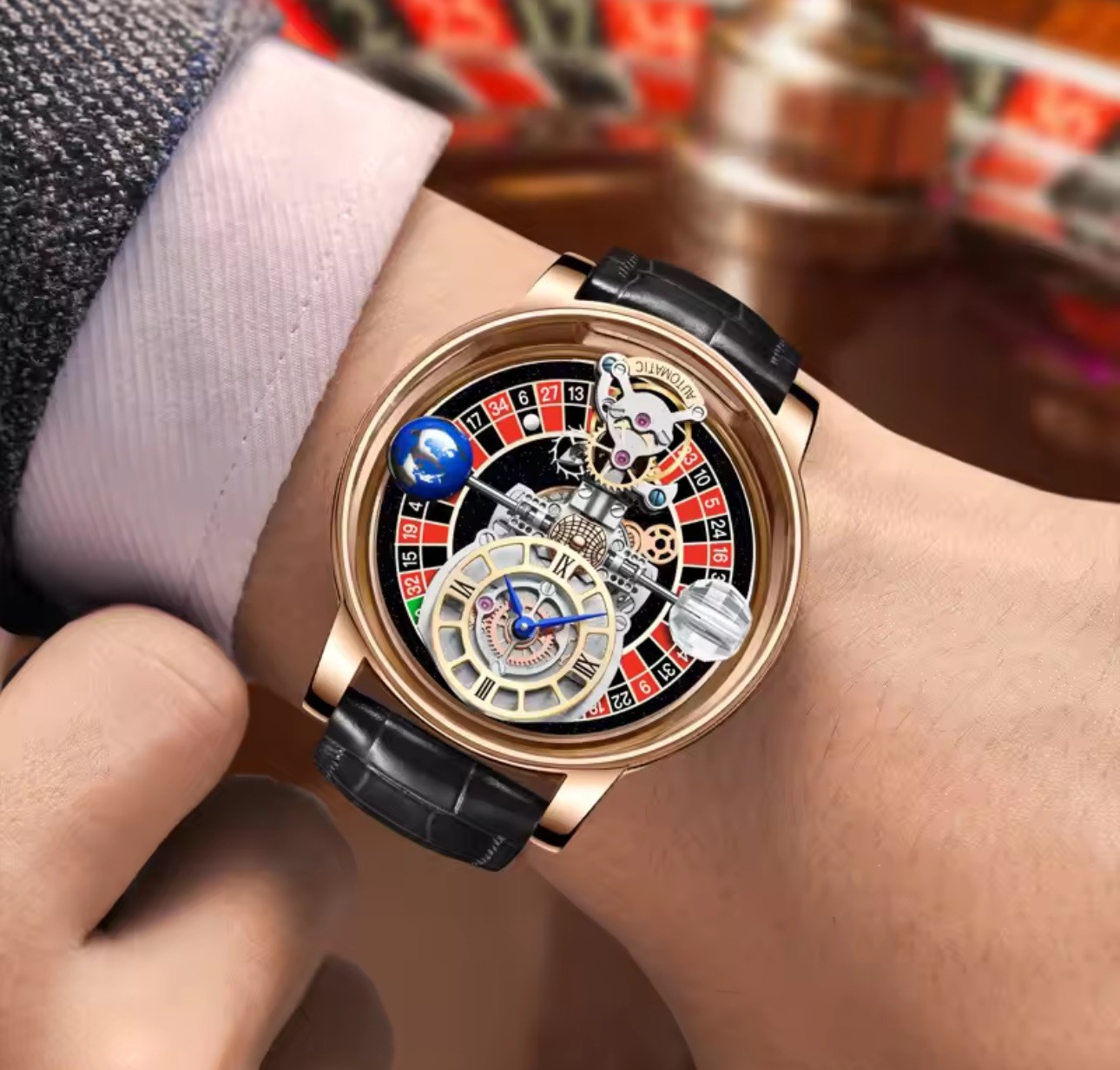 Celestial Men’s Transparent Case Leather Quartz Watch Waterproof Time Adjustment