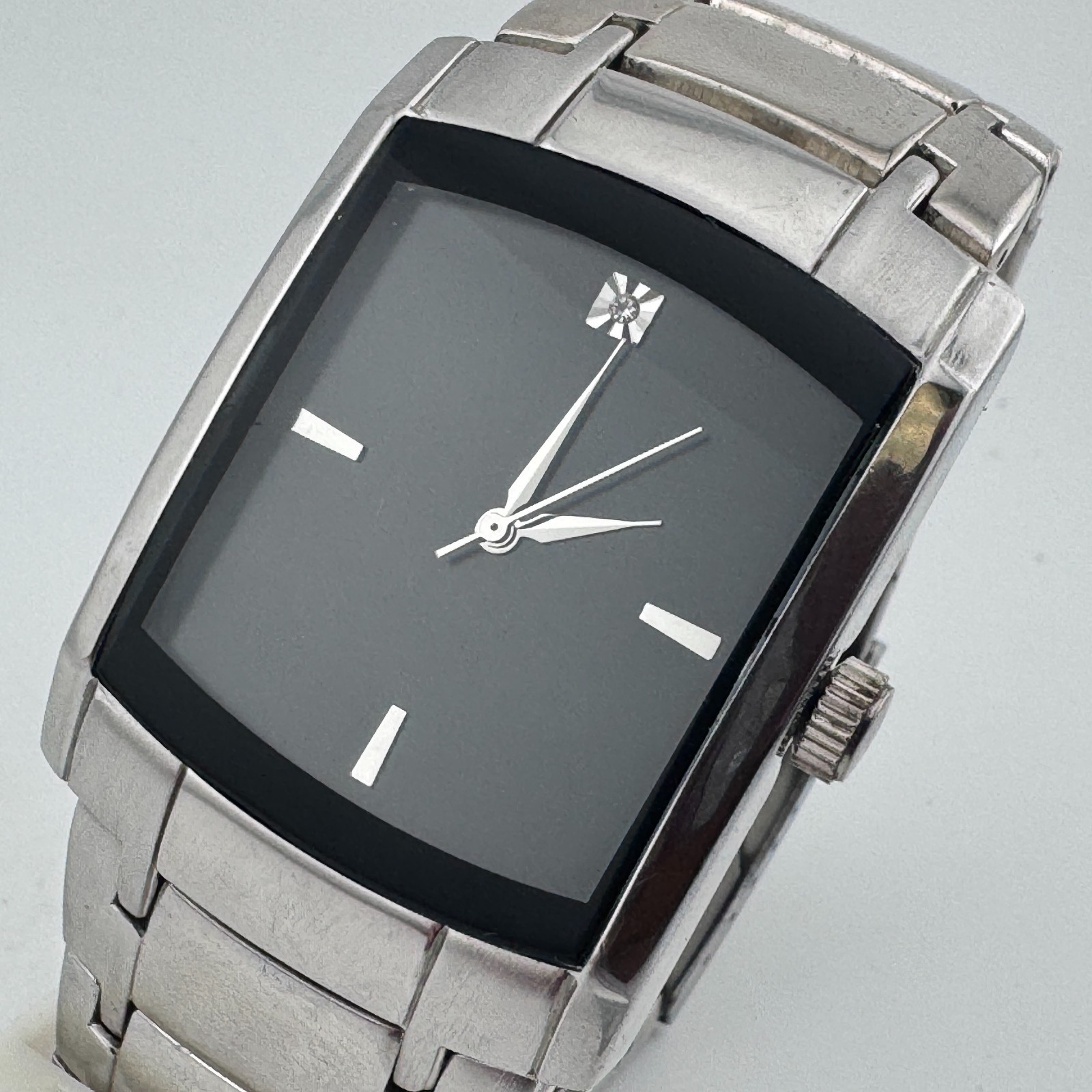 VTG FMD Quartz Watch Men Silver Black Rectangle Diamond Analog New Battery 8.25″