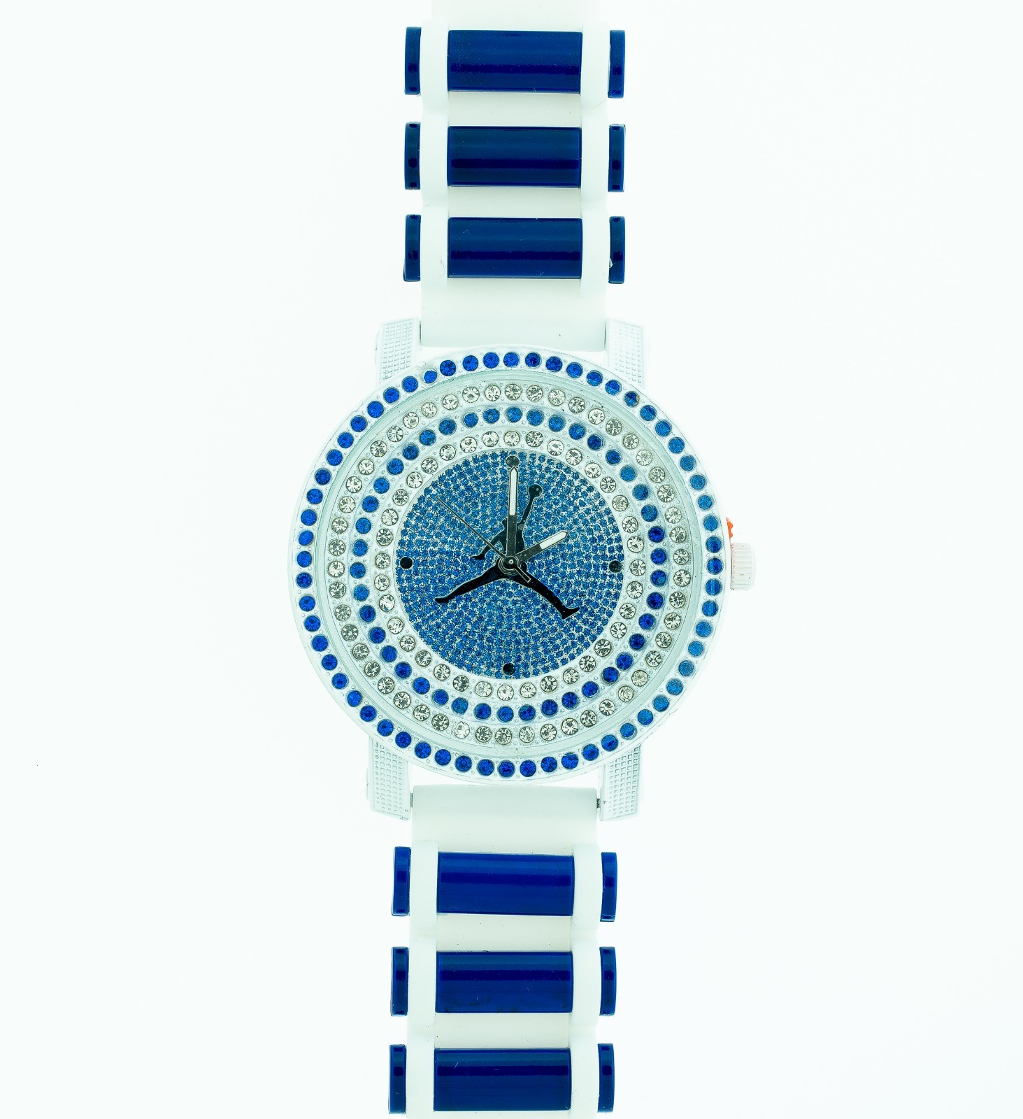 Mens Blue/White Michael Jordan Jumpman Logo Iced CZ Hip Hop Bullet Band Watch