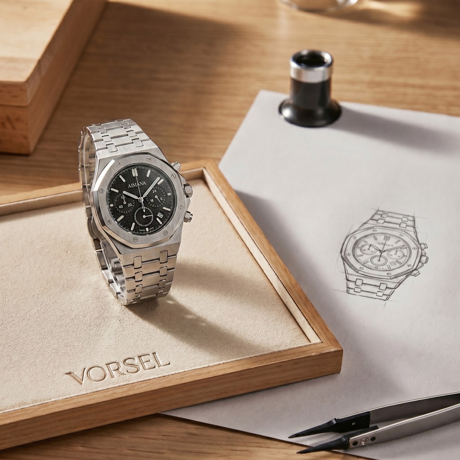 VORSEL Mens Quartz Chronograph Watch Black Dial Stainless Steel Band 43mm