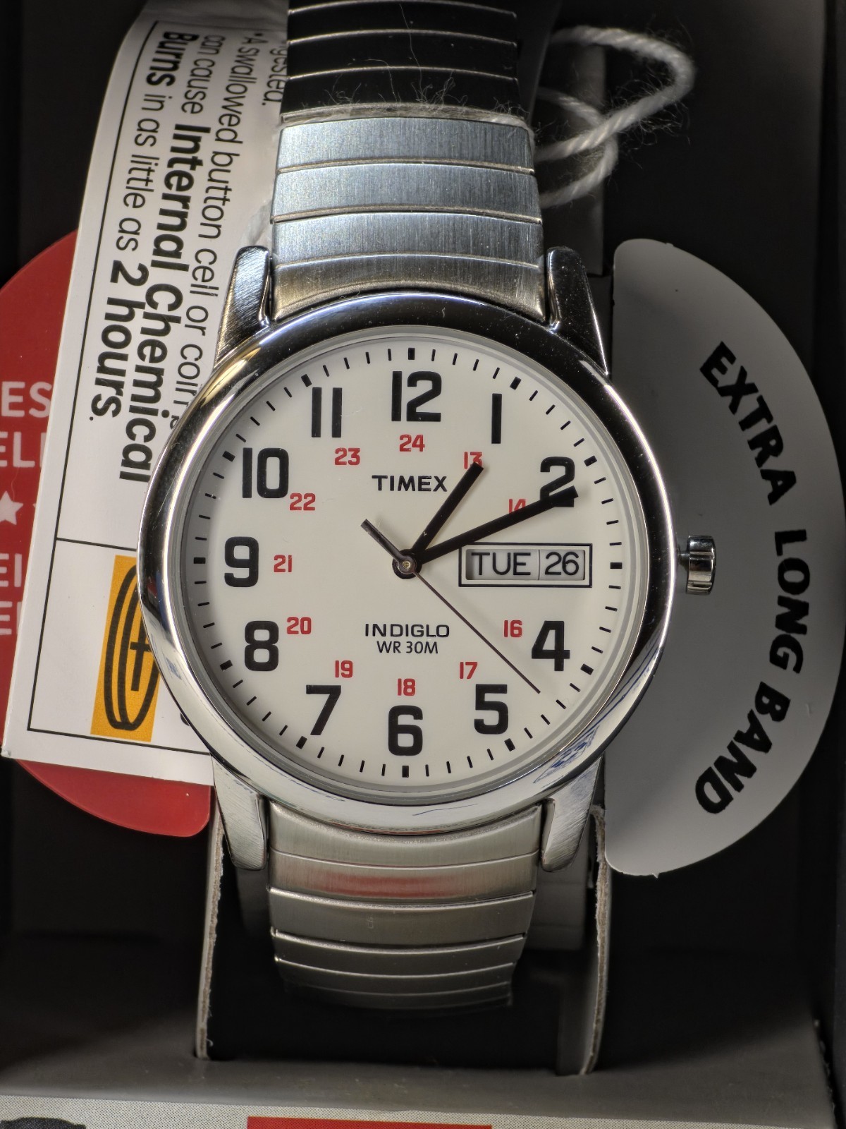 Timex T2N091, Men’s Easy Reader X- Long Expansion Band Watch, Indiglo, Date, NEW
