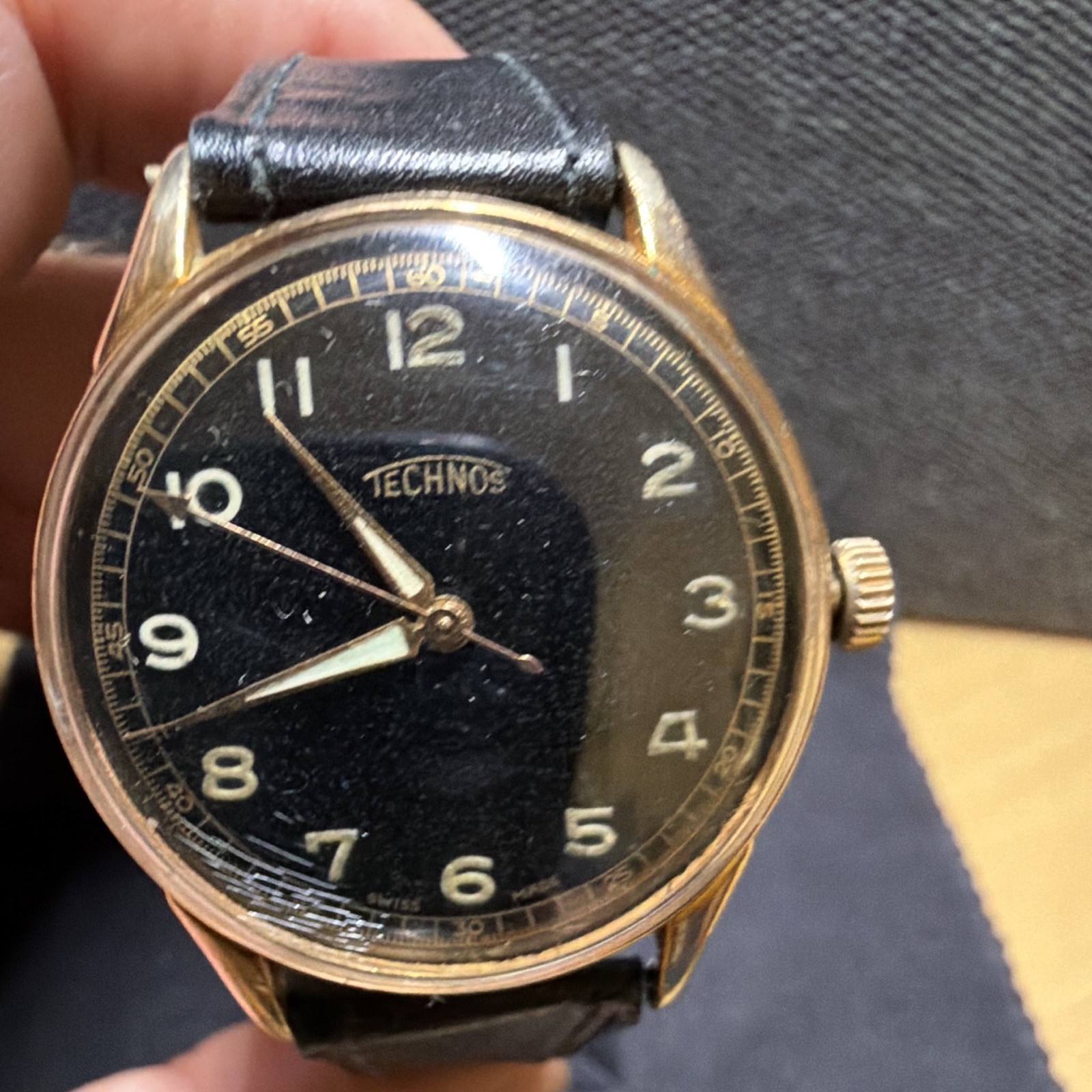 Technos Swiss Made Vintage Manual Wind Men’s Watch Black Dial Gold Plated