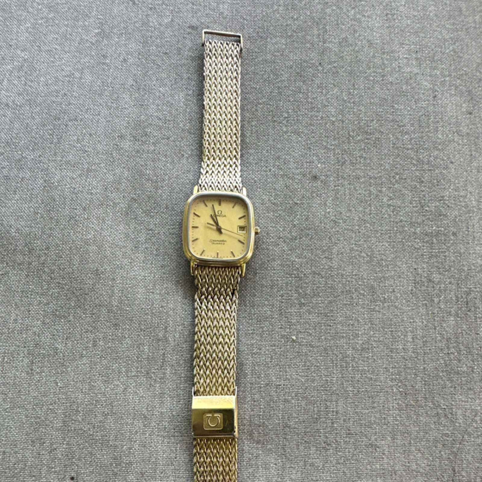 OMEGA Square Analog Wristwatch Gold Dial Silver Mesh Band Stick Indexes