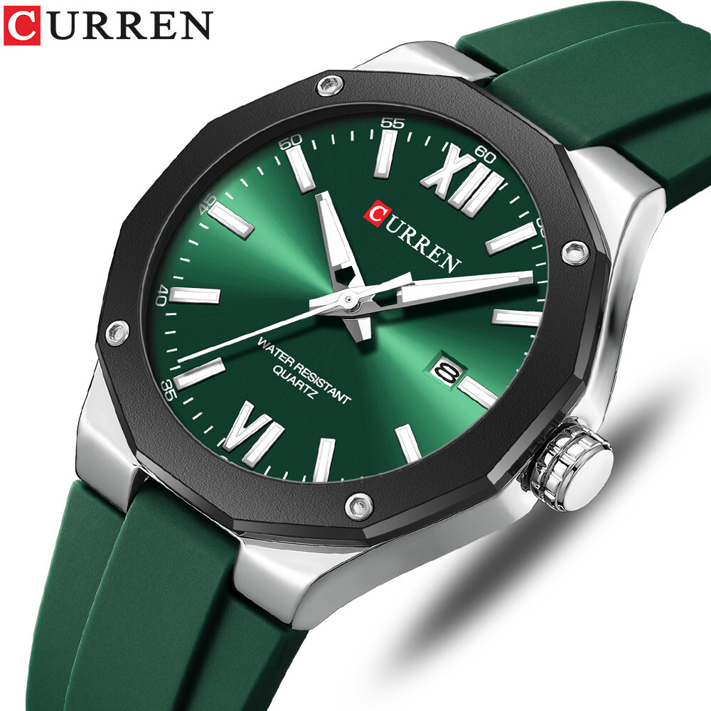 CURREN Men Quartz Watch Green Silicone Wristwatch Date Watch Business Male Watch