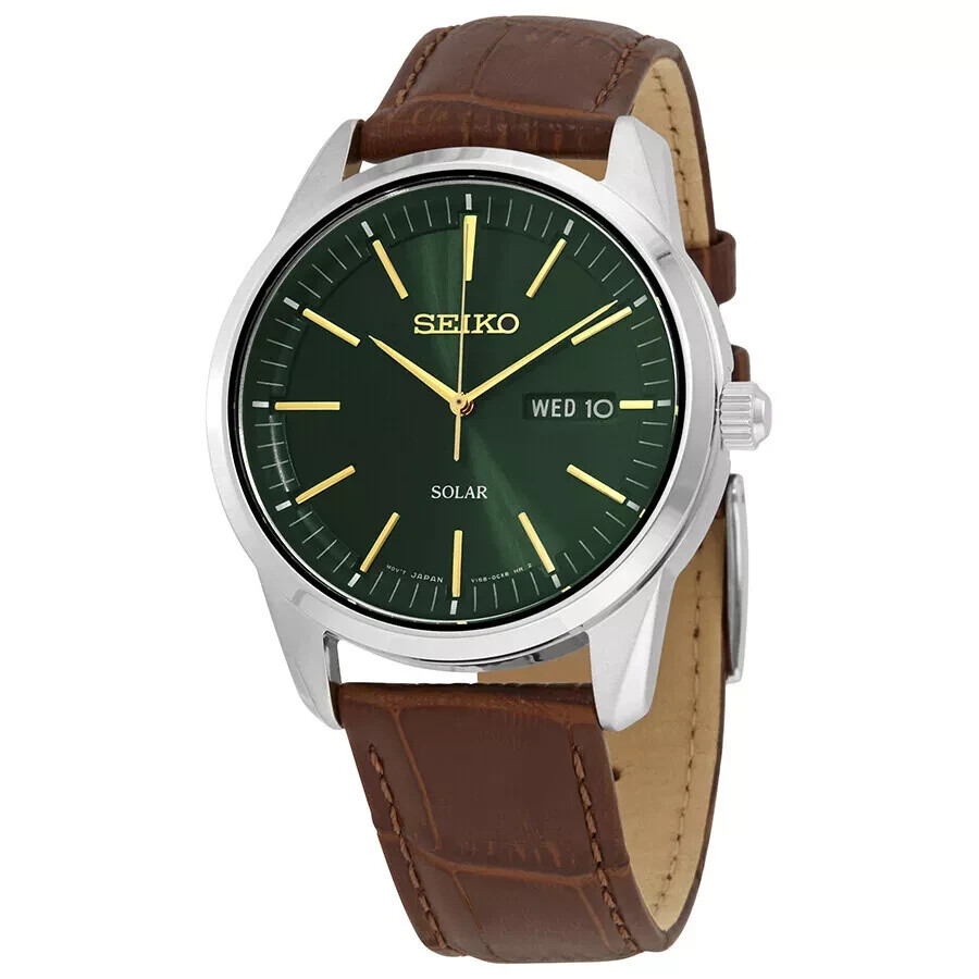 New SEIKO Men Watch Solar Powered Dark Green Sunray Dial Brown SNE529