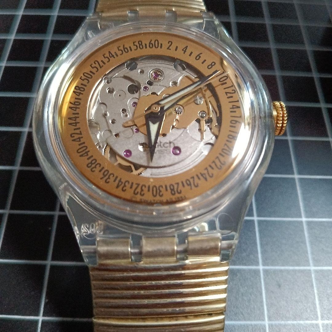 Swatch Automatic Watch Clear Gold Skeleton Dial Metal Band Vintage Rare