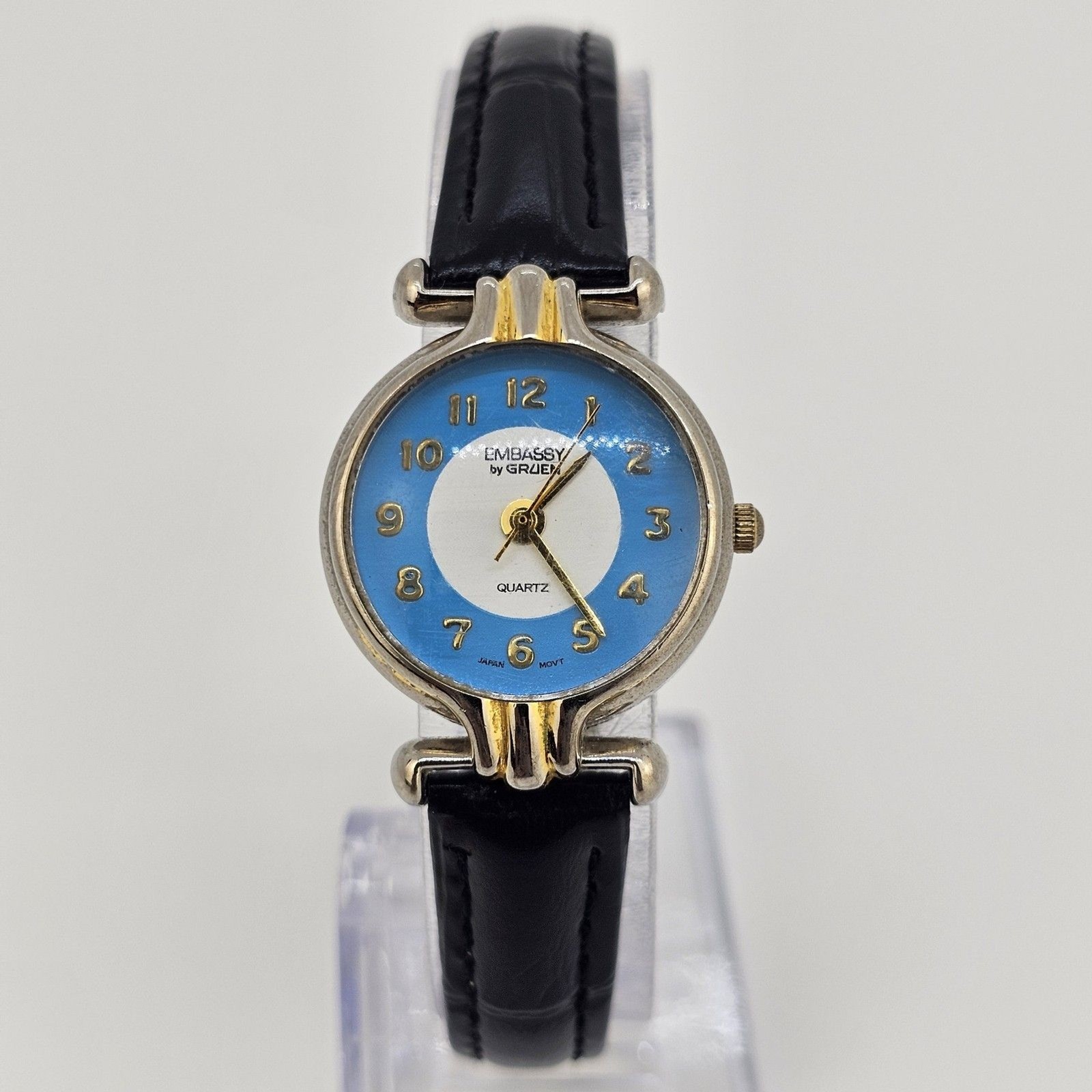 Embassy Gruen Women’s Watch 24MM Blue White Dial New Black Leather Bands Battery