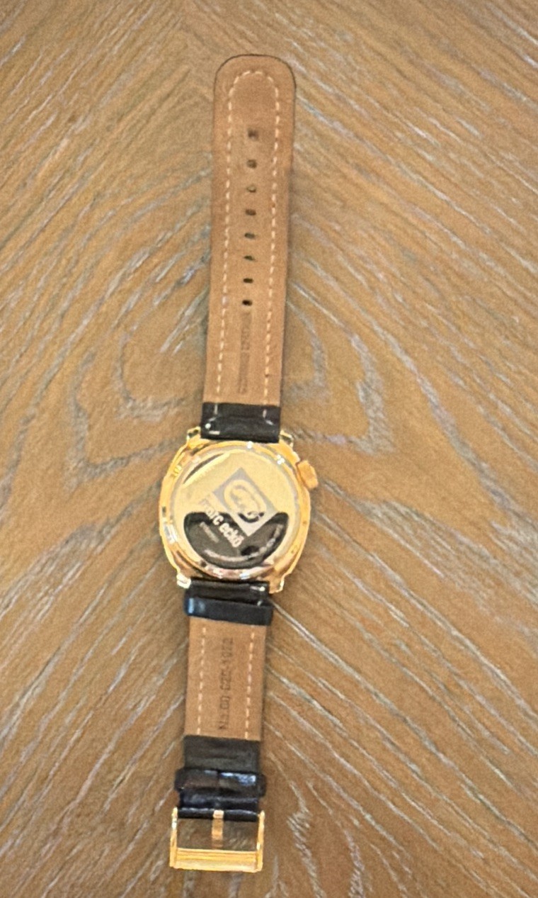 Marc Ecko E10525G1 Quartz Analog Watch Gold Dial Black Leather Strap 52mm 50m