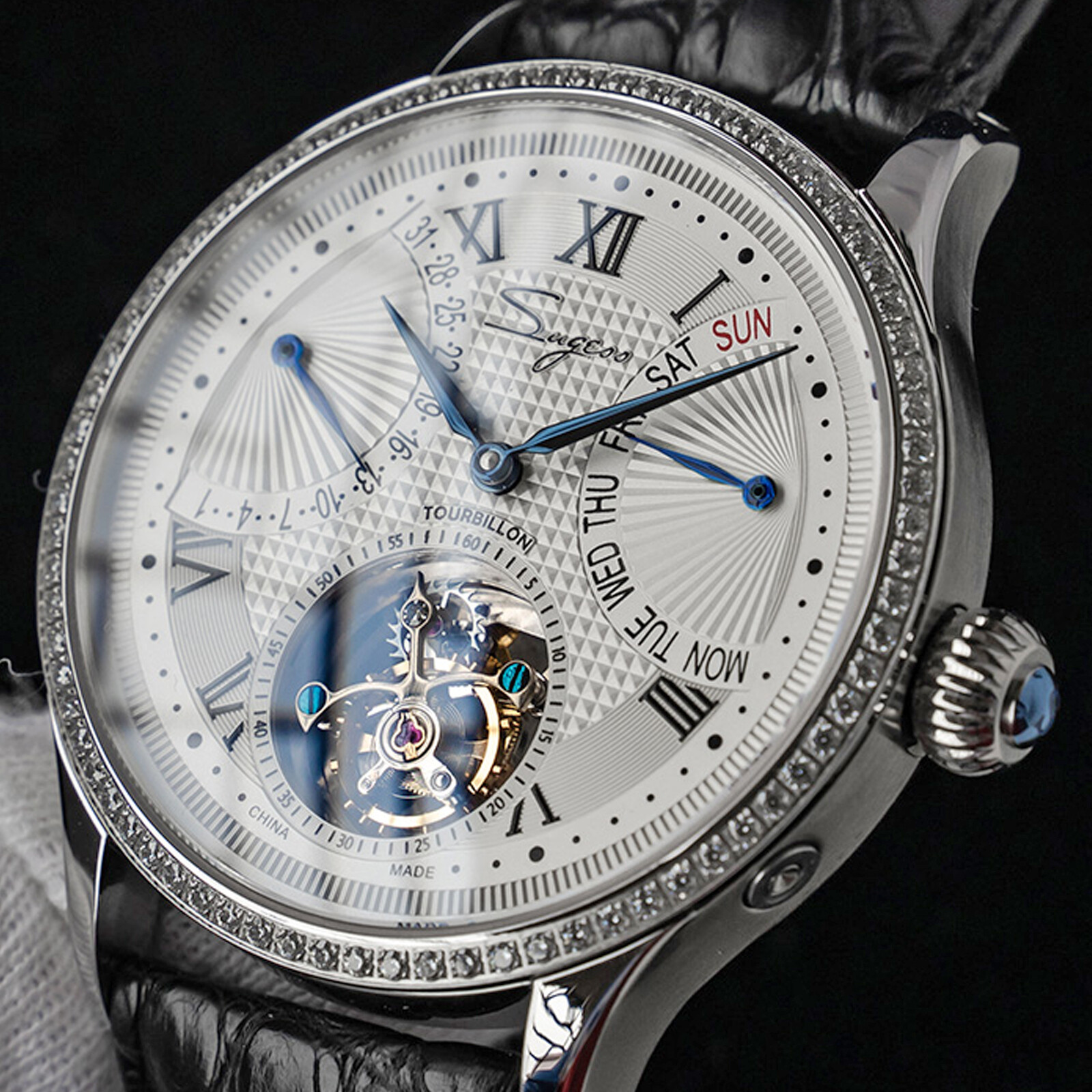 1PC Sugess Tourbillon Master Day Date Seagull ST8004 Mechanical Watch SU8004SBED