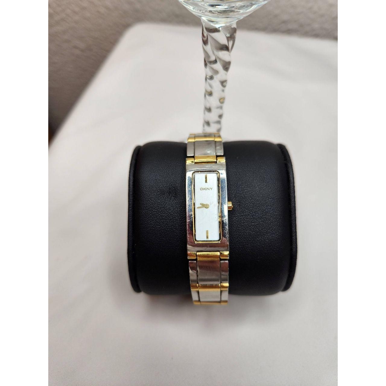 DKNY Womens Watch Gold Silver White Rectangular Fold-over Clasp Vintage