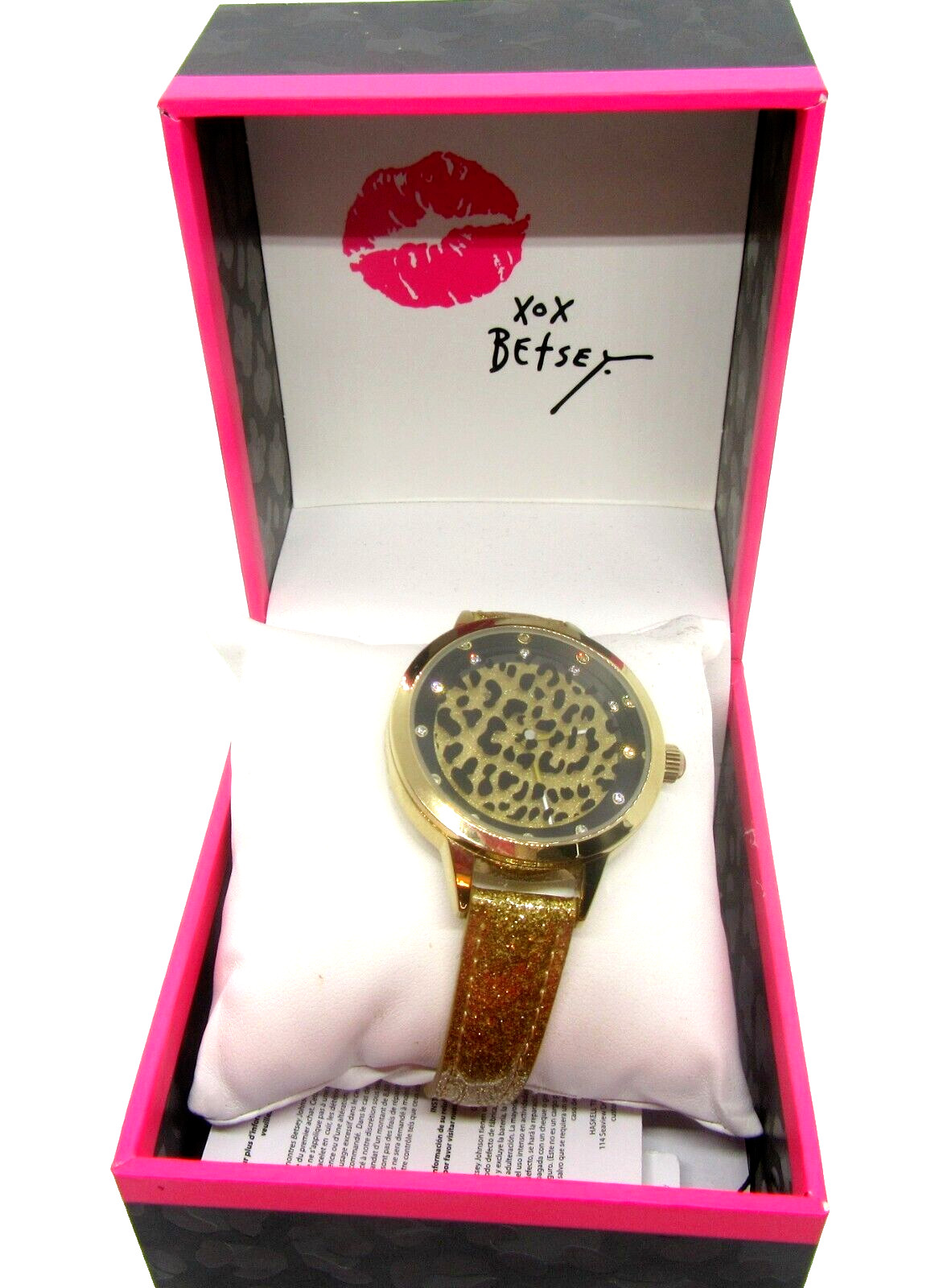 Betsey Johnson Leopard Print Gold Glitter Band Watch -New in box