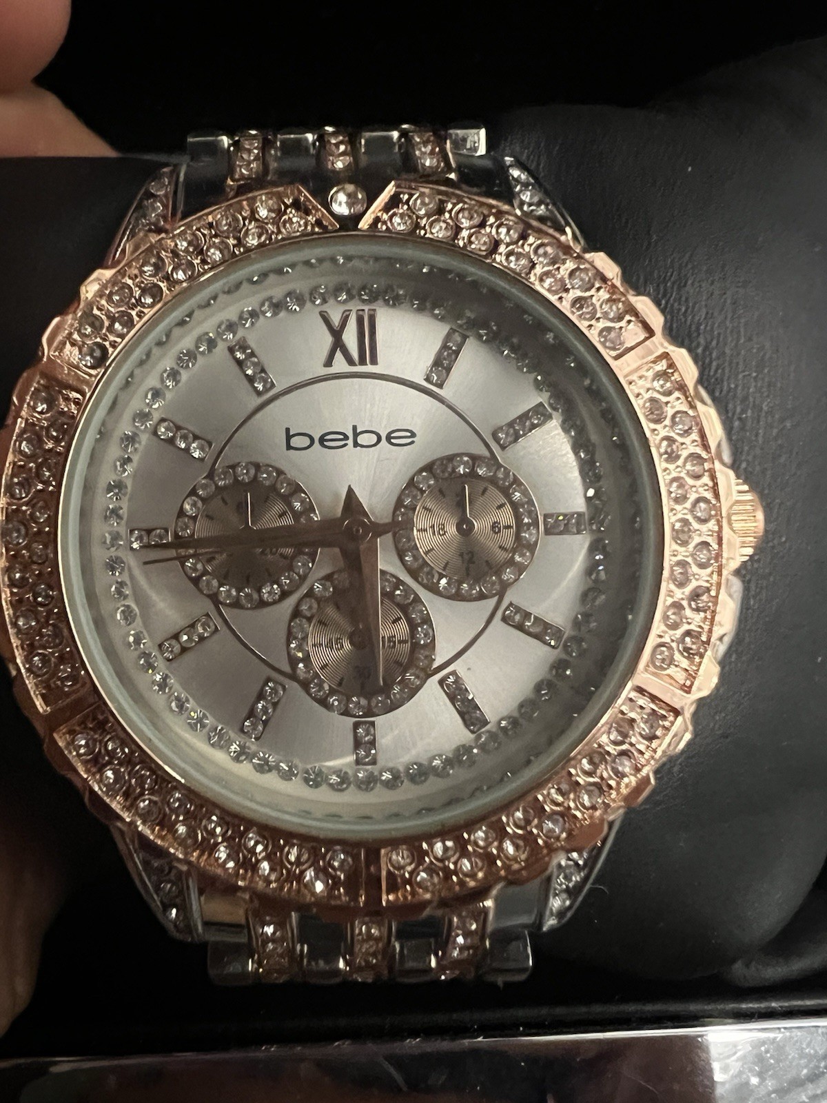 Bebe Rose Gold Silver Tone Crystal Bezel Dial Quartz Analog Ladies Watch NIB
