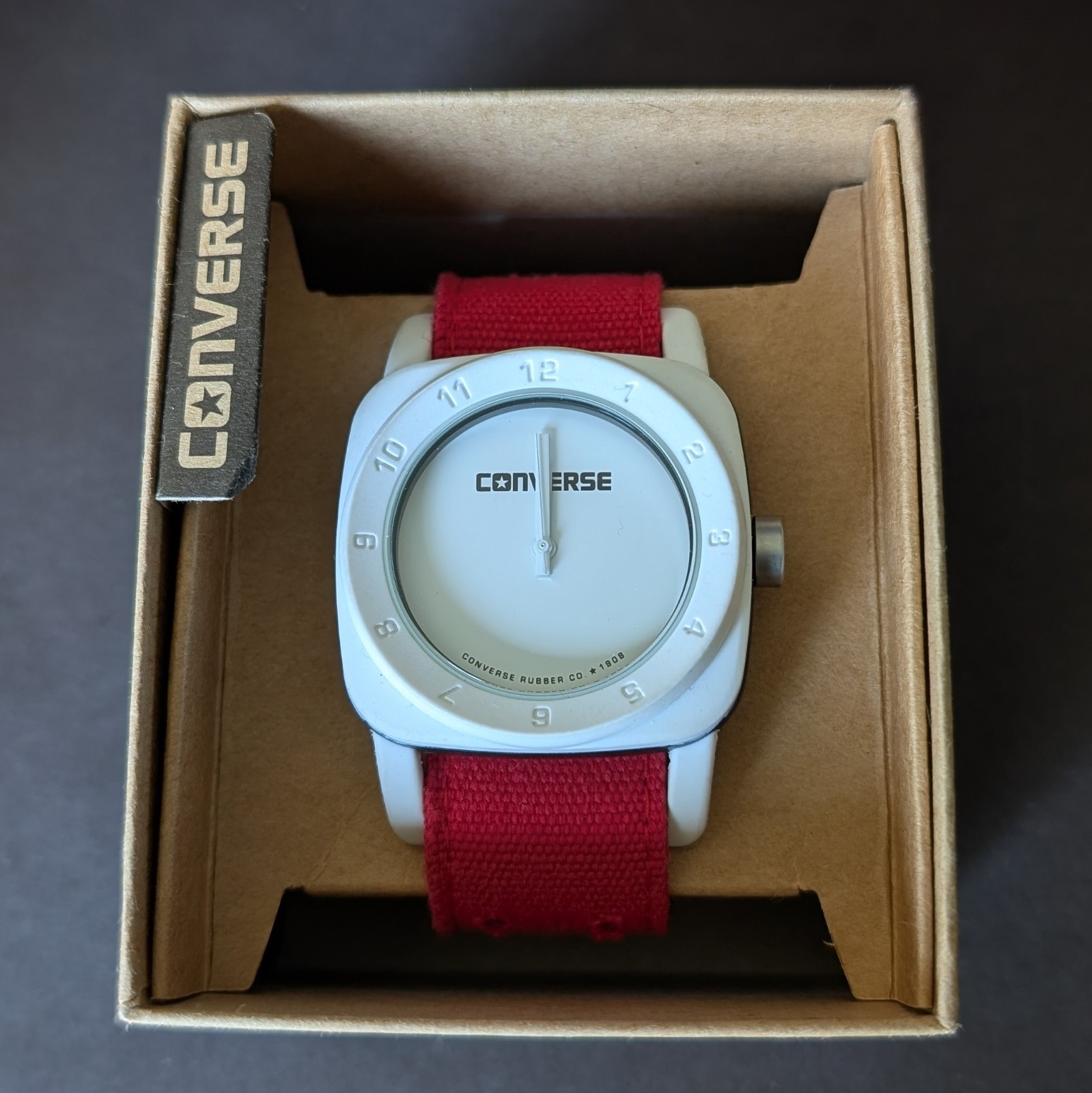 Converse 1908 Watch in Matte White with Red Canvas Strap Unisex Style Retro Look