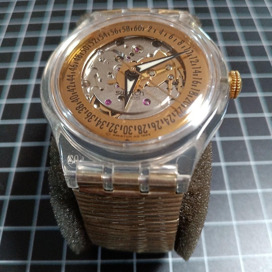 Swatch Automatic Watch Clear Gold Skeleton Dial Metal Band Vintage Rare