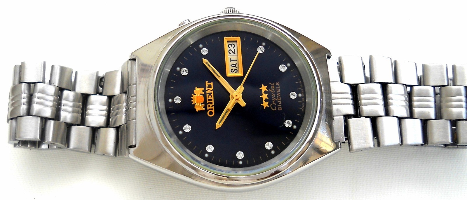 Vintage Orient 3 Star Crystal Automatic Black Blue Sunburst Dial Watch 21J Japan