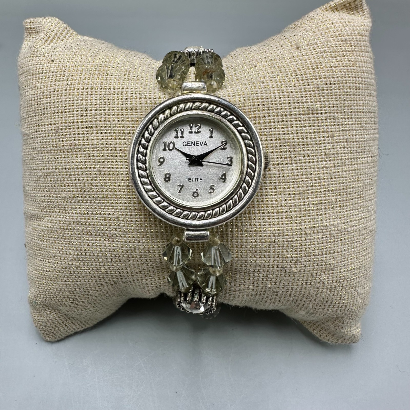 Geneva Watch Women Silver Tone Clear Glass Bead Band Magnetic New Battery