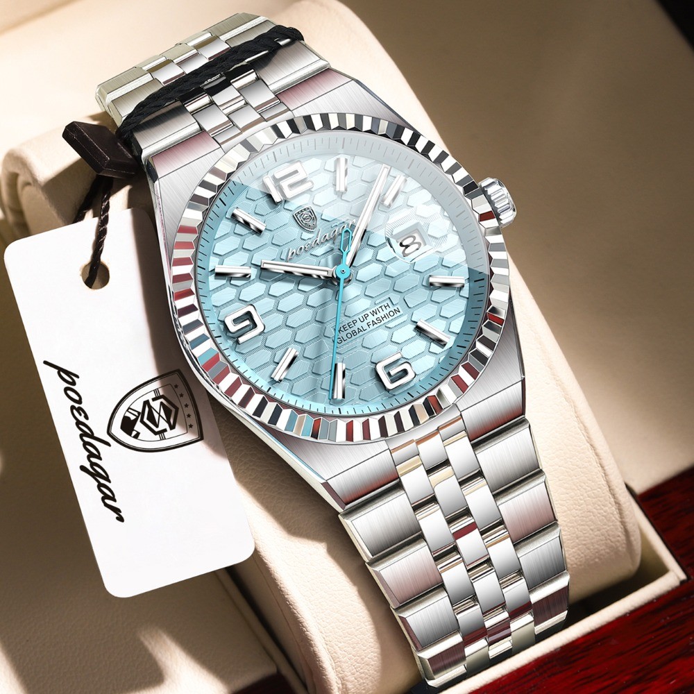 POEDAGAR Men Waterproof Luminous Date Luxury Stainless Steel Quartz Watch
