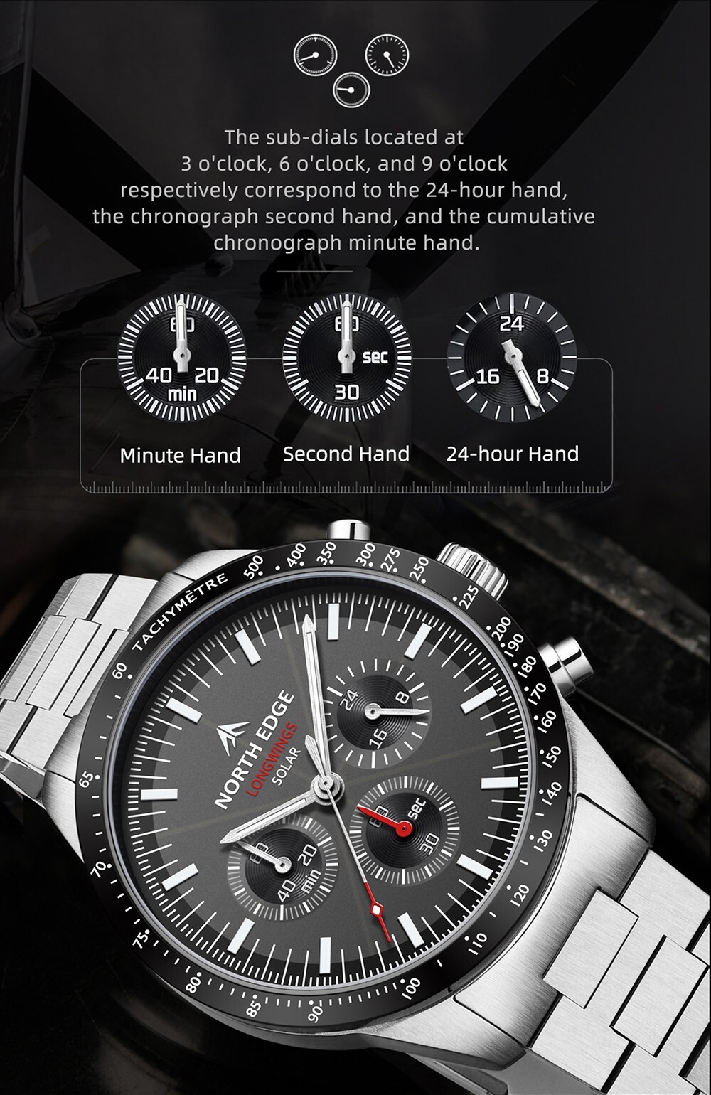 NORTH EDGE Longwings Men Quartz Watch Solar Powered Stopwatch Luminous Aviation