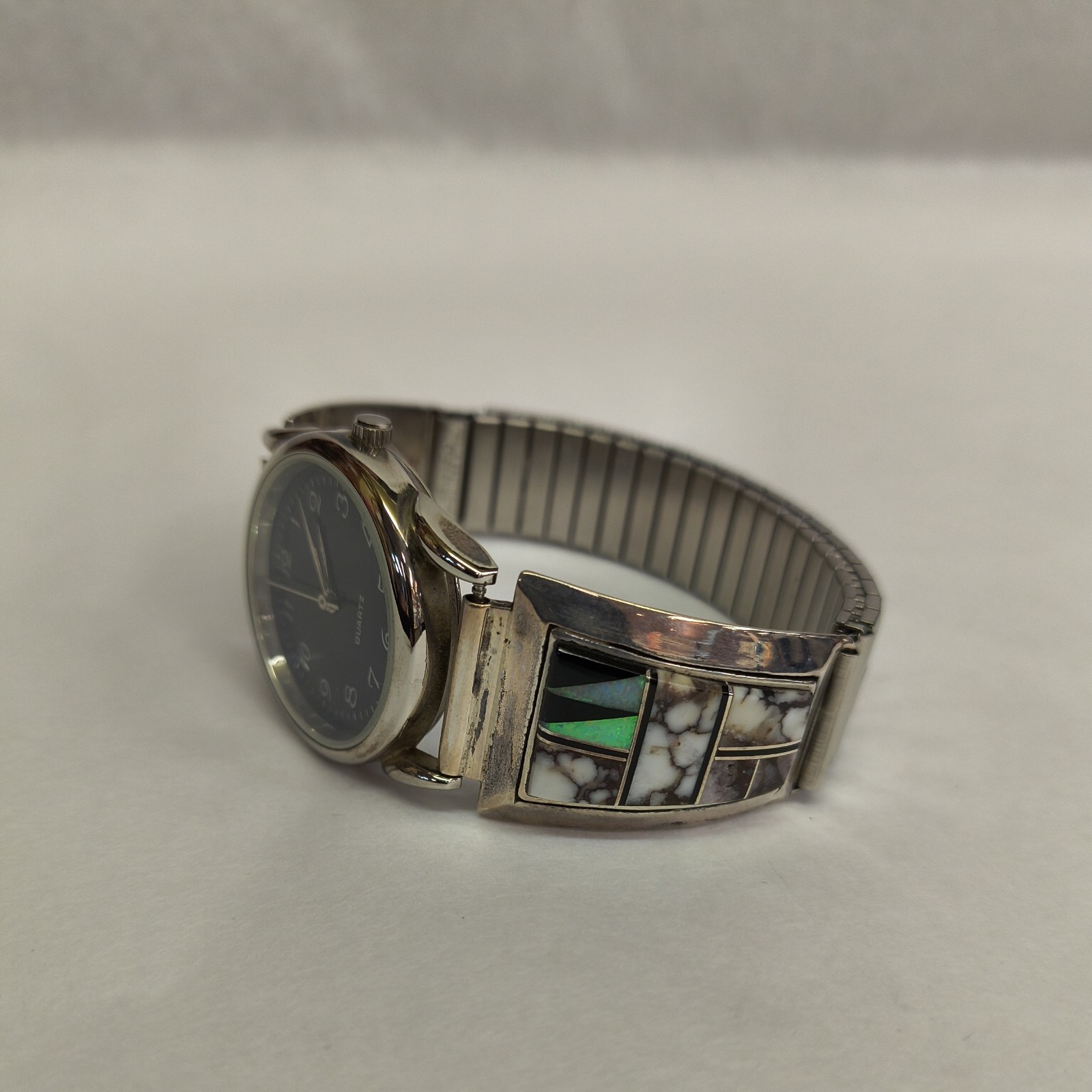 Men’s Stretch Watch, Sterling Native American, Jasper, Opal, Onyx *Needs Battery