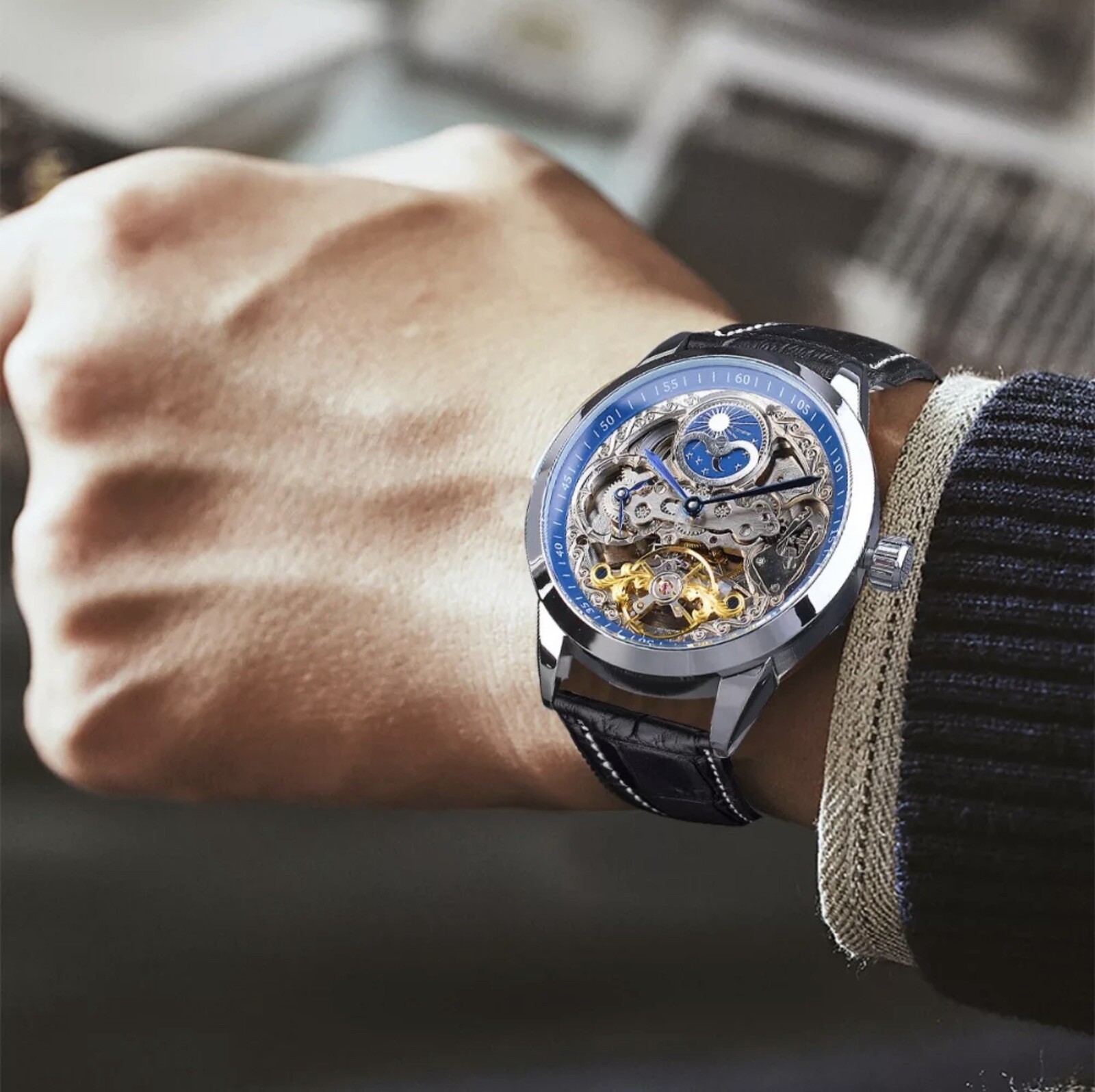 ⌚￼ Forsining Men’s Automatic Water Proof Moon Dial Luxury Business Watch