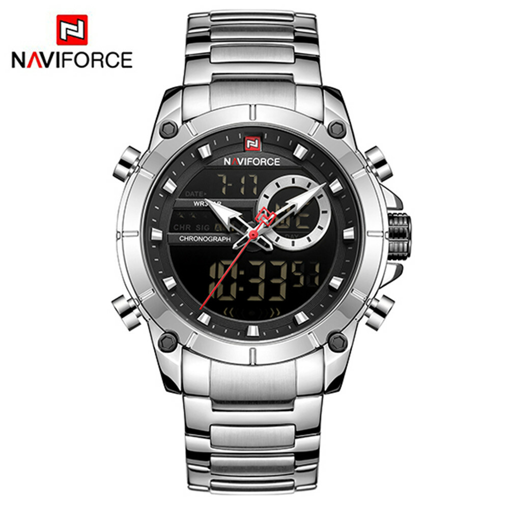 NAVIFORCE Digital Watch Men Silver Steel Male Wristwatch Quartz Date LED Watches