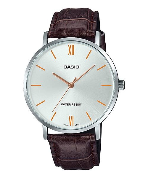 Casio Men’s Silver Analog Watch with Orange Accents and Brown Leather Strap –