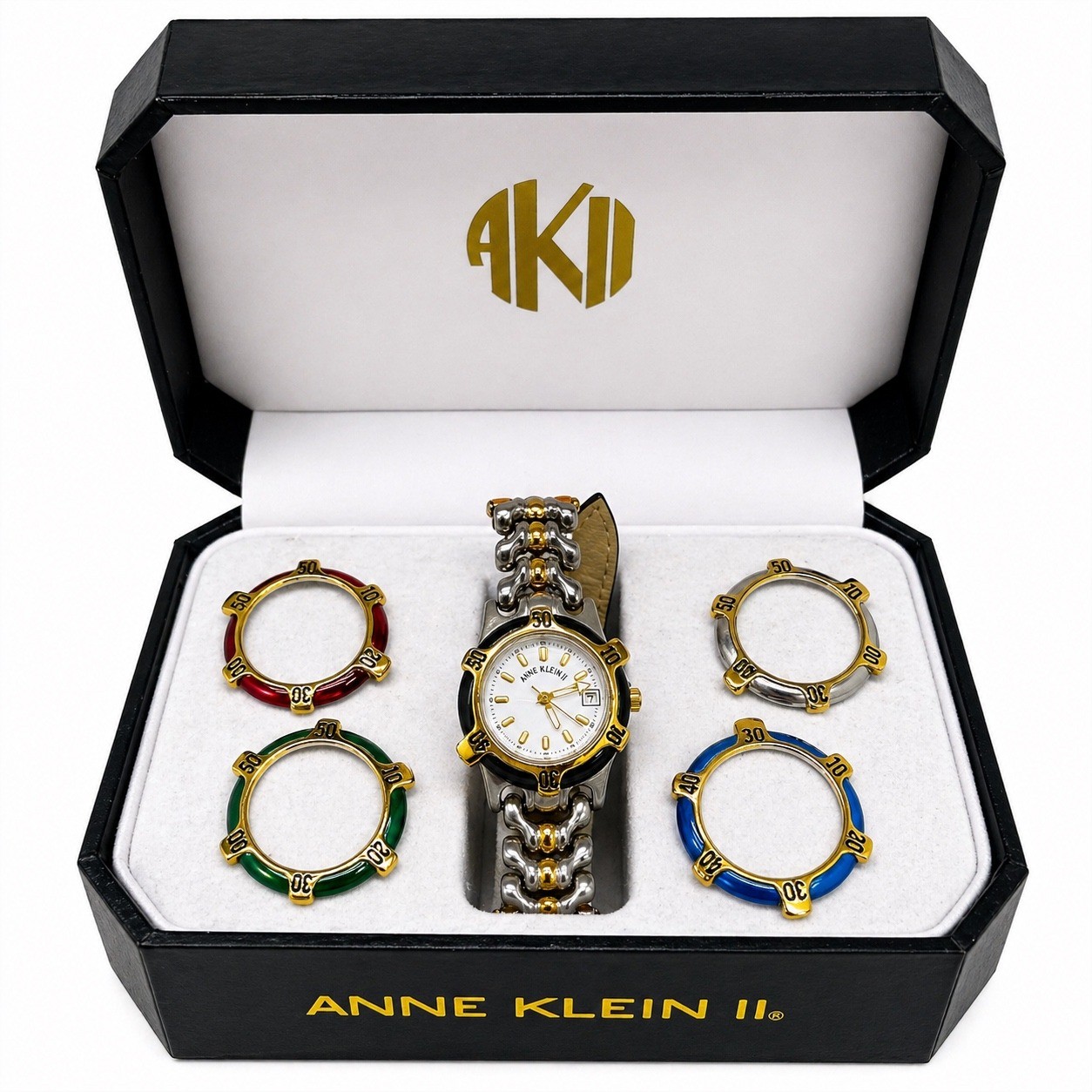 Anne Klein II Vintage Watch Set Two Tone Leather Strap 4 Interchangeable Bezels