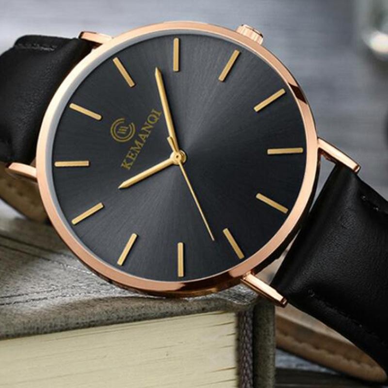 Ultra-thin Dial With Leather Band Numberless Quartz Wristwatches For Men