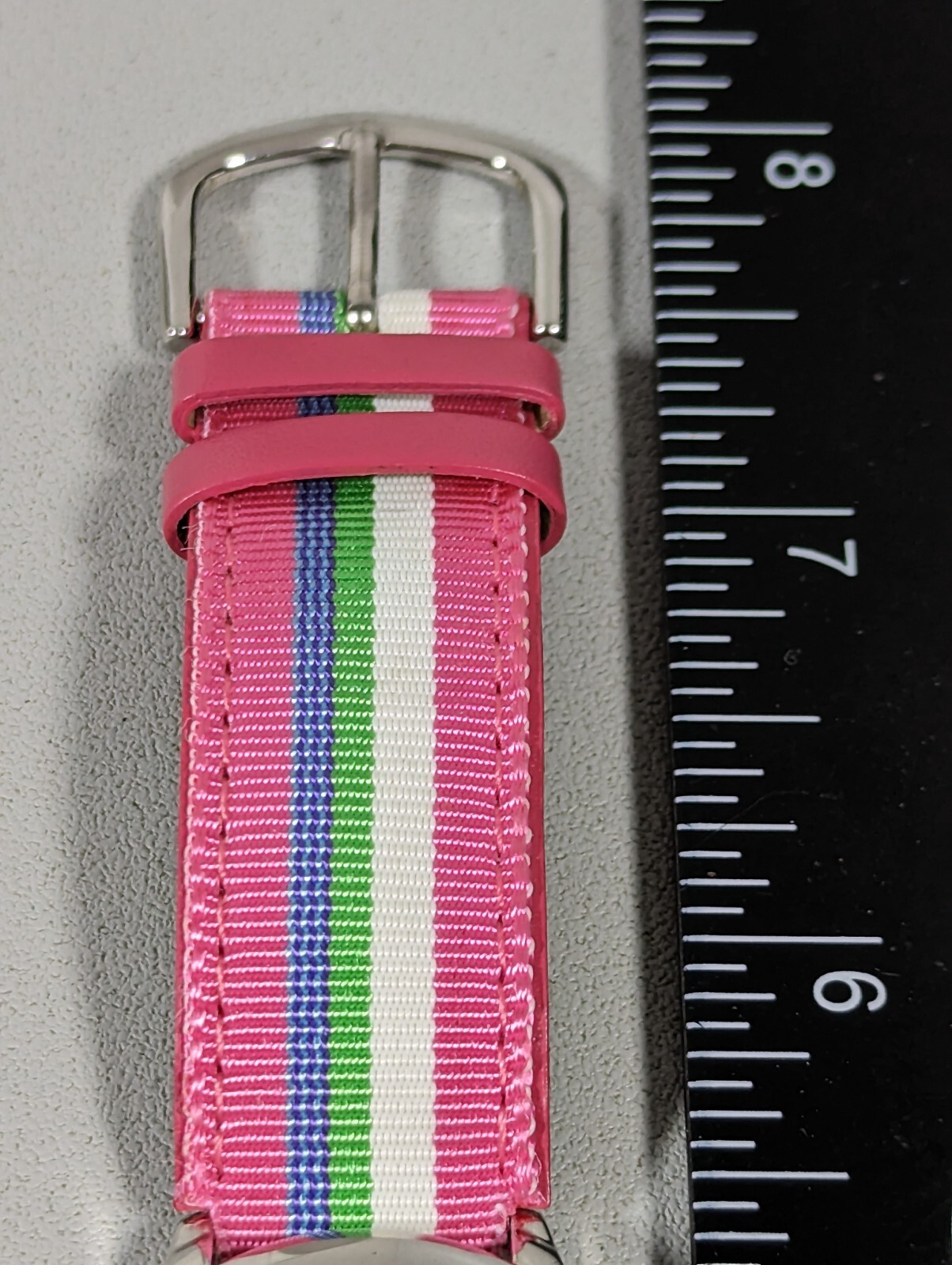 White Dial Round Silver Tone Case Pink White Green Blue Canvas Band Watch
