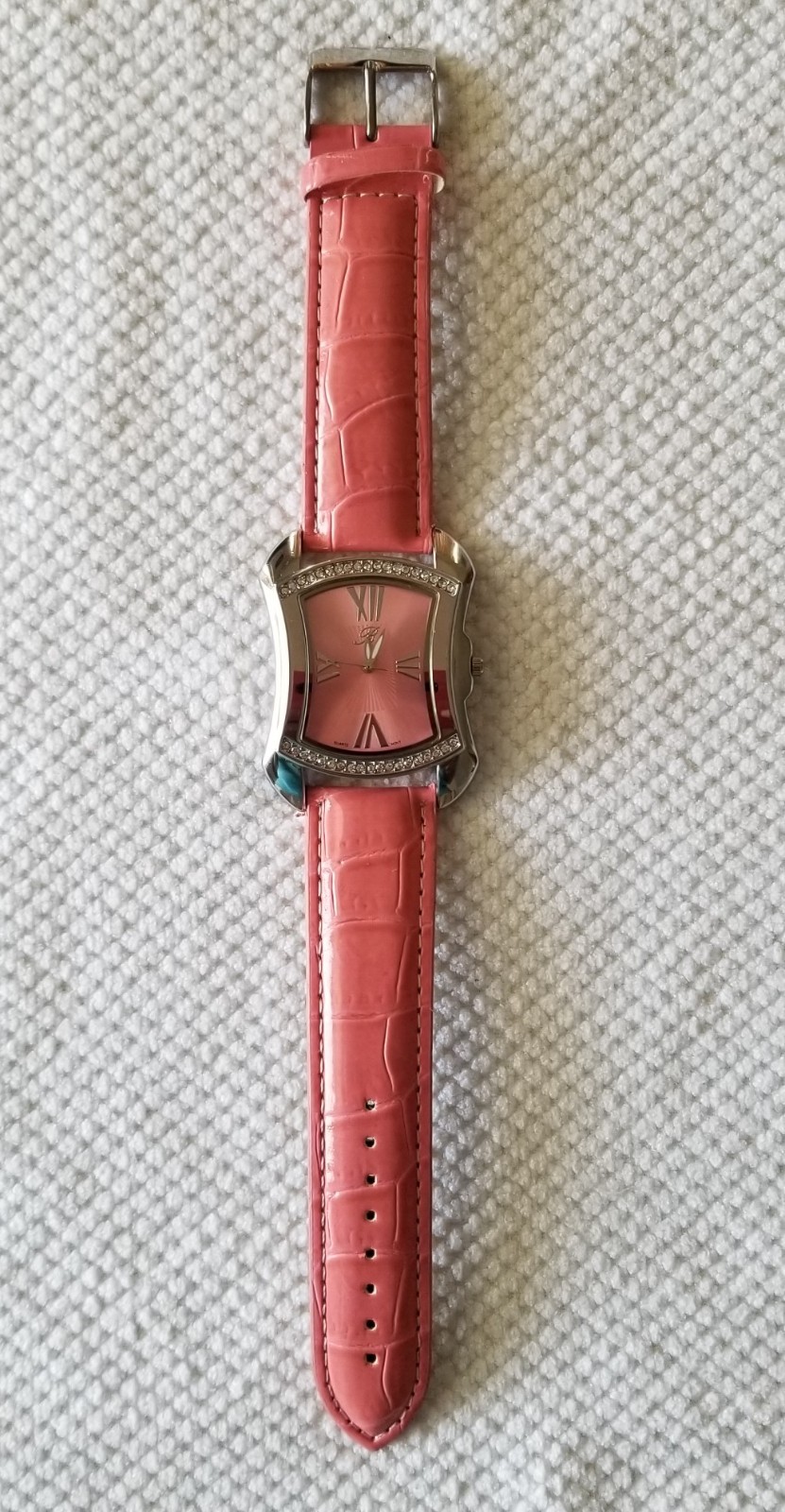 Burgi Silver Tone Watch Crystal Bezel Pink Dial & Leather Band 6″-7.5″ New Batt.