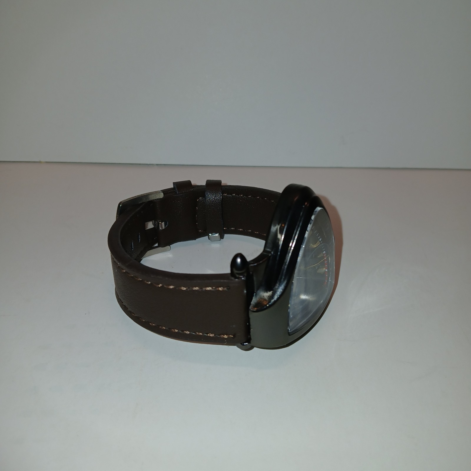 ​Men’s Triangle Face Skeleton Watch Black Dial Brown Leather Band Fashion Quartz