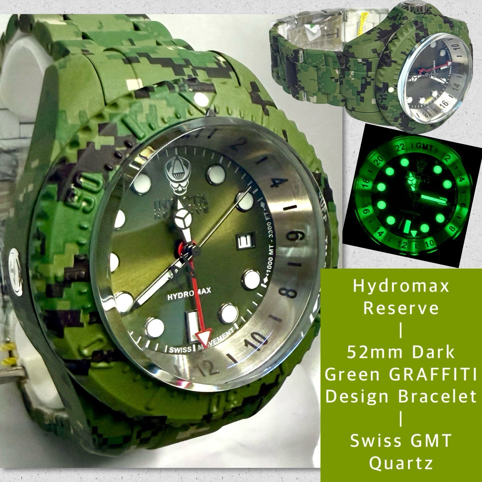 52mm Dark Green GRAFFITI Bracelet | Swiss GMT | HYDROMAX Reserve Invicta Watch