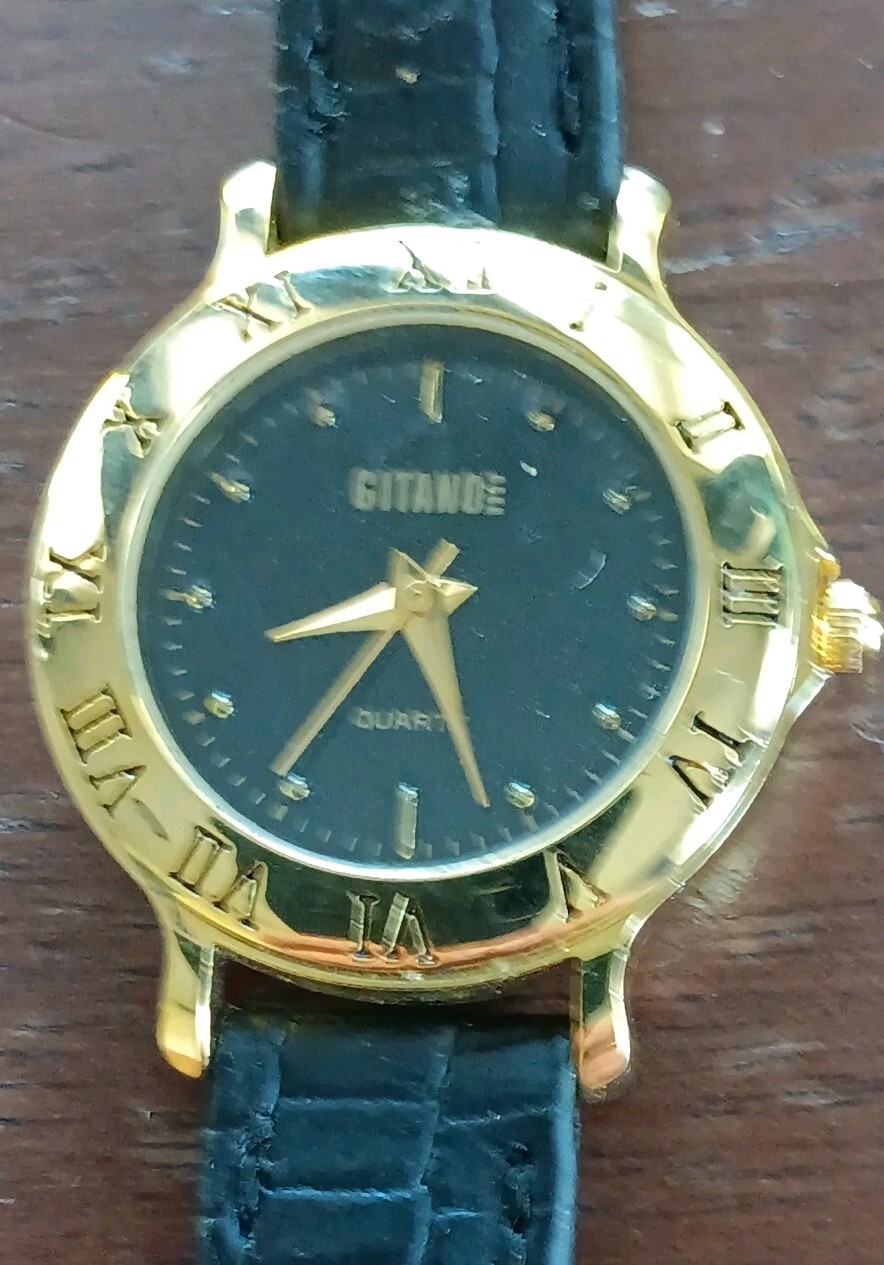 Gitano Gold-Tone Quartz Black Leather Strap Roman Numeral Black Dial Watch