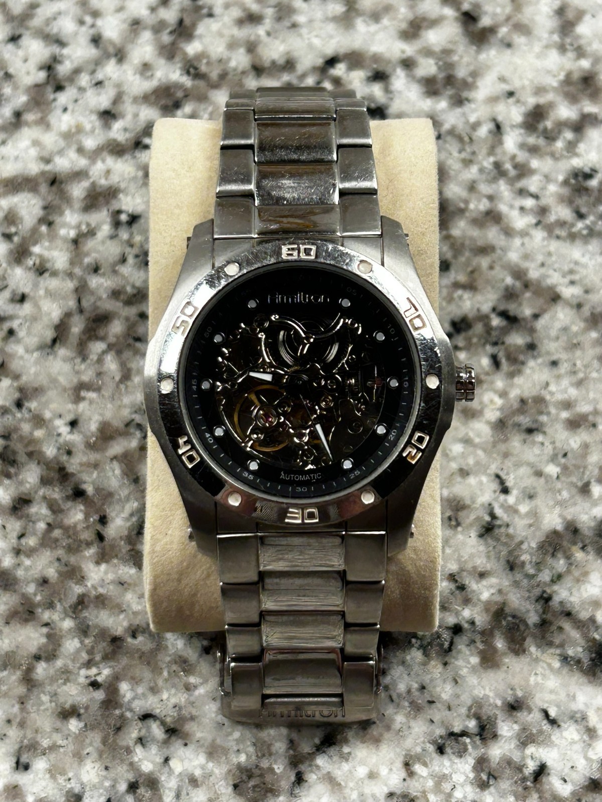 Armitron Automatic Skeleton Watch Stainless Steel Silver Black Dial 20 Jewels