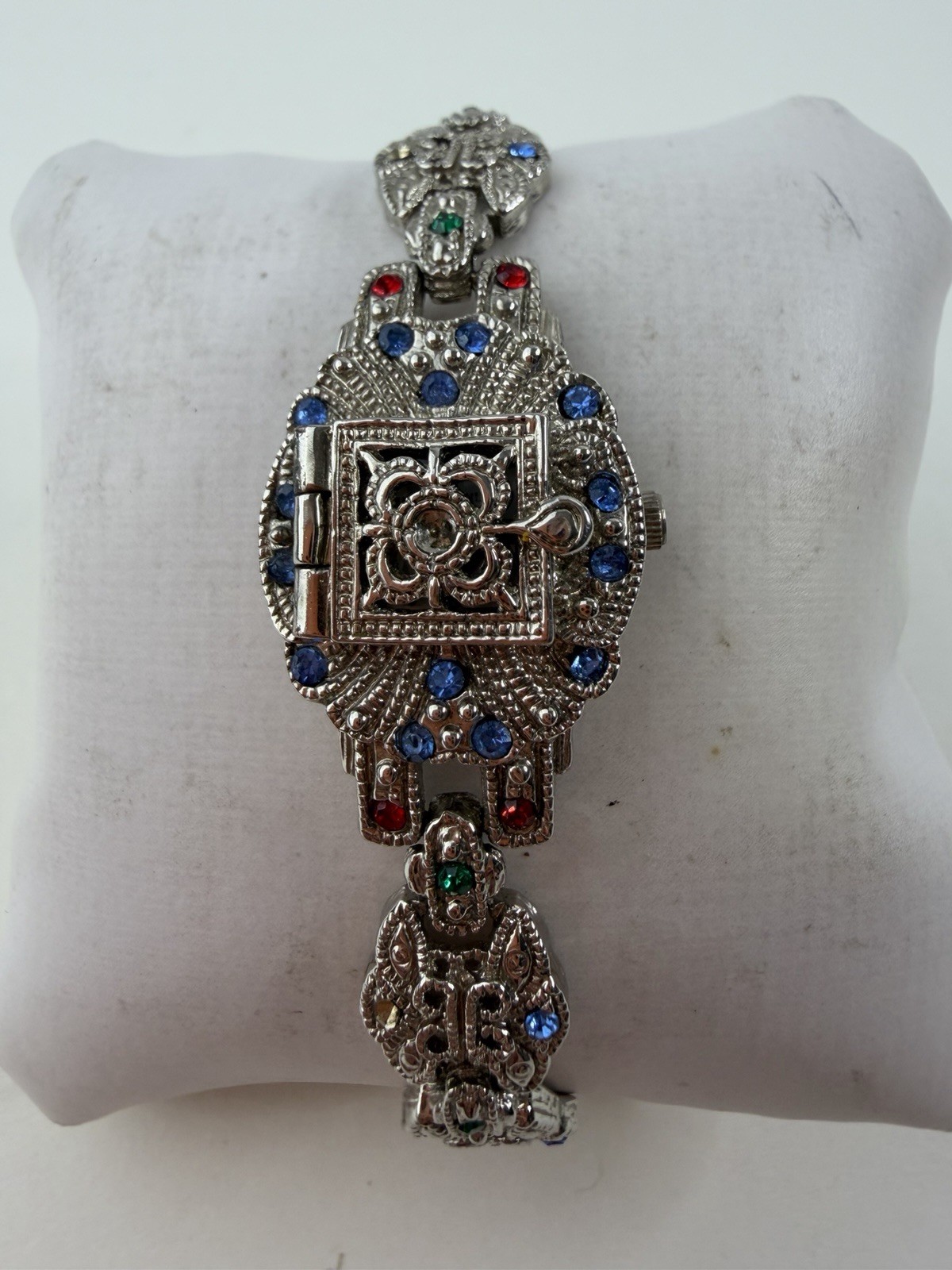 Vintage Judith Ashley Quartz Watch Hinged Cover Ornate Jeweled Bracelet Watch