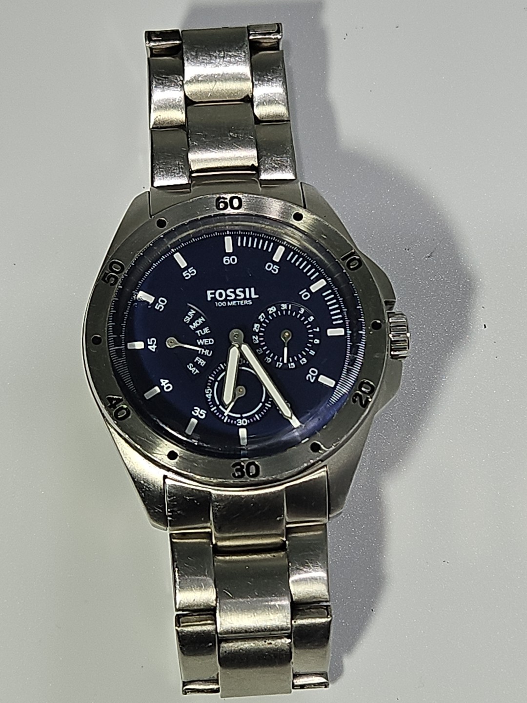 Fossil Chronograph CH3034 Quartz 100M St Steel Watch Runs New Battery Blue Dial