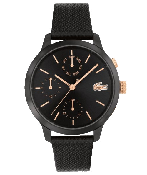 LACOSTE 12.12 2001153 CHRONOGRAPH ROSE GOLD BLACK DIAL LEATHER BAND WOMENS WATCH