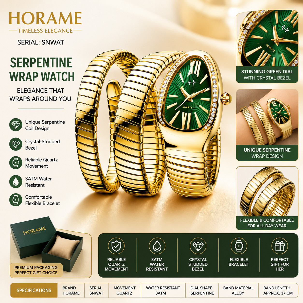 HORAME Women’s Gold Wrap Bracelet Watch Green Dial serpentine watch Gift