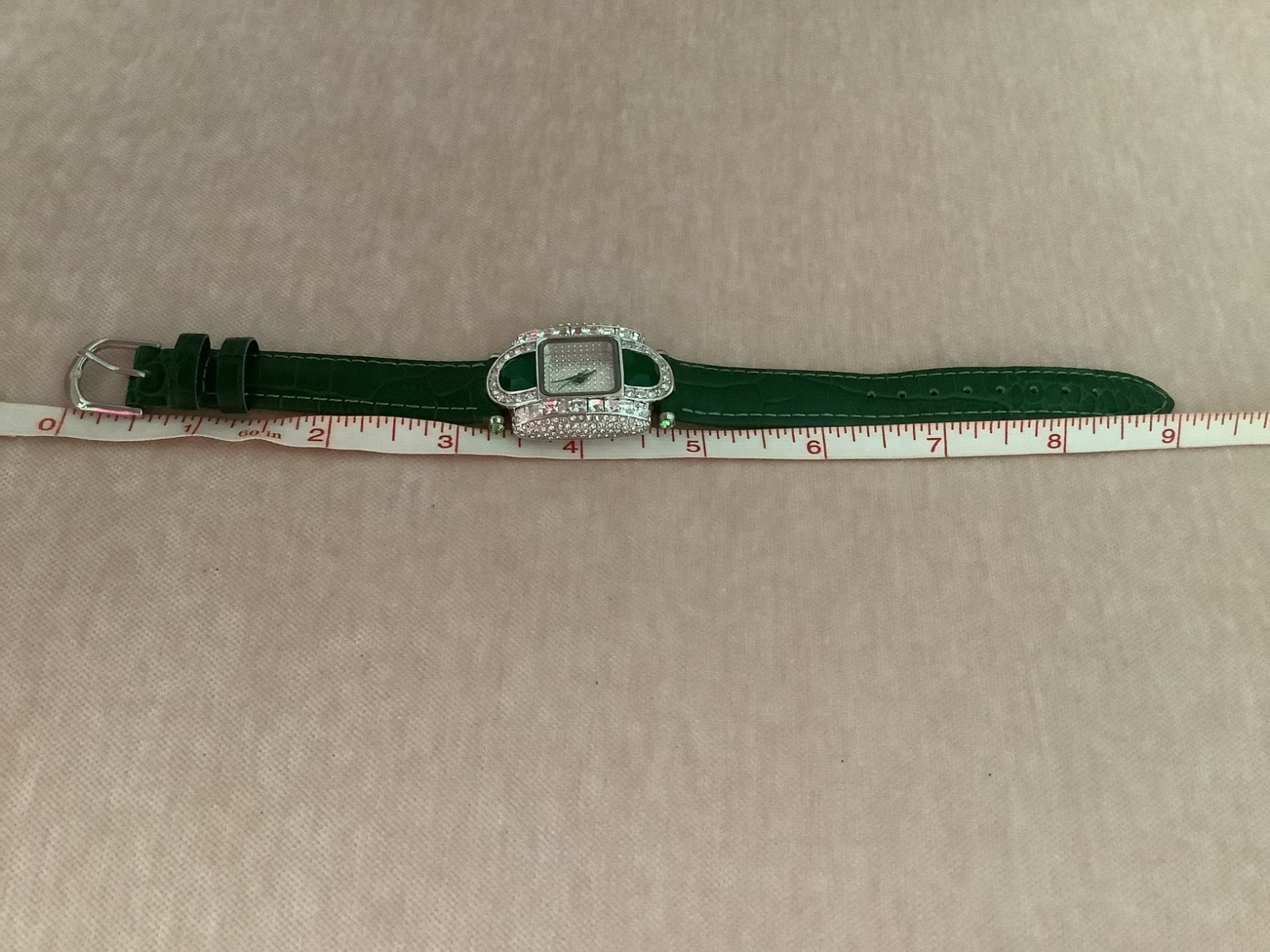 Adrienne Designer Collection Square Rhinestone Ladies Green Leather Band Watch