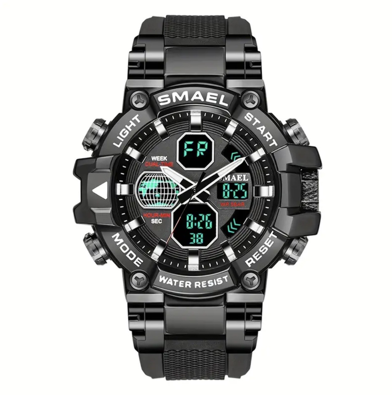 SMAEL Men’S Sport Watch Alloy Case, TPU Strap, Dual Display, Luminous, Alarm