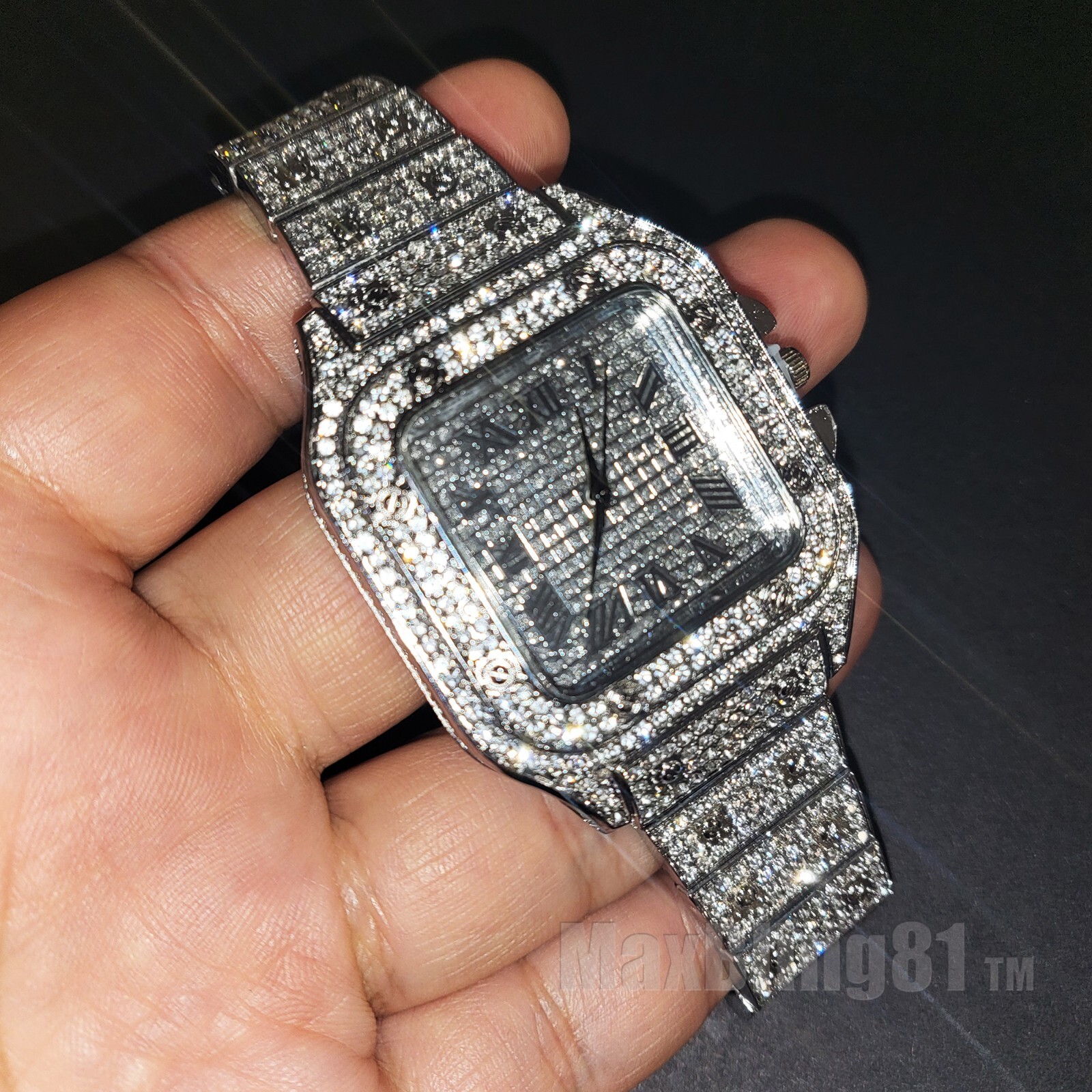 Men Square Watch Hip Hop Silver Simulated Diamond Full Iced Cuban Bracelet Gift