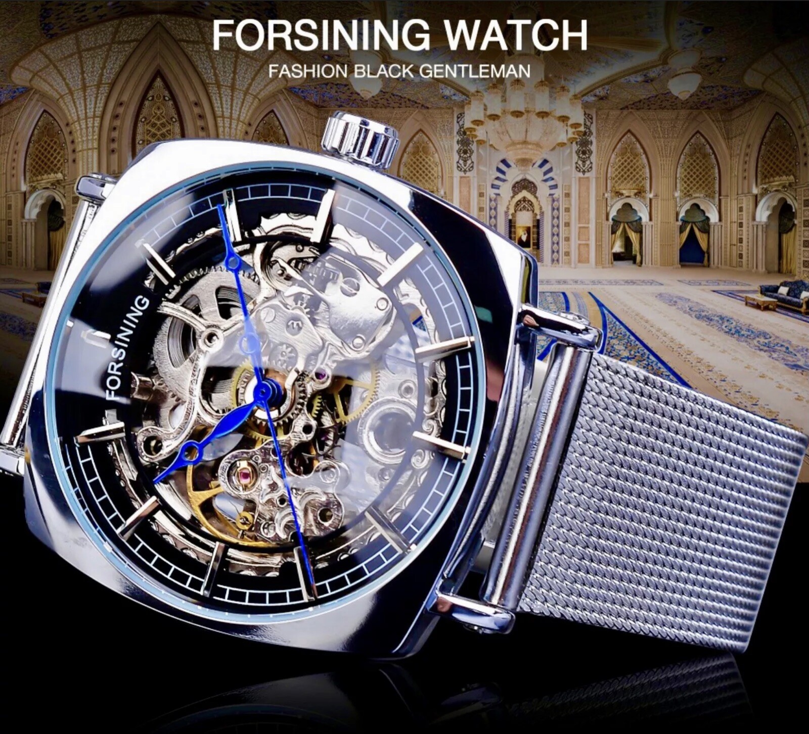 FORSINING Skeleton Transparent Self Winding Watch Stainless Mesh Band. Gift Idea