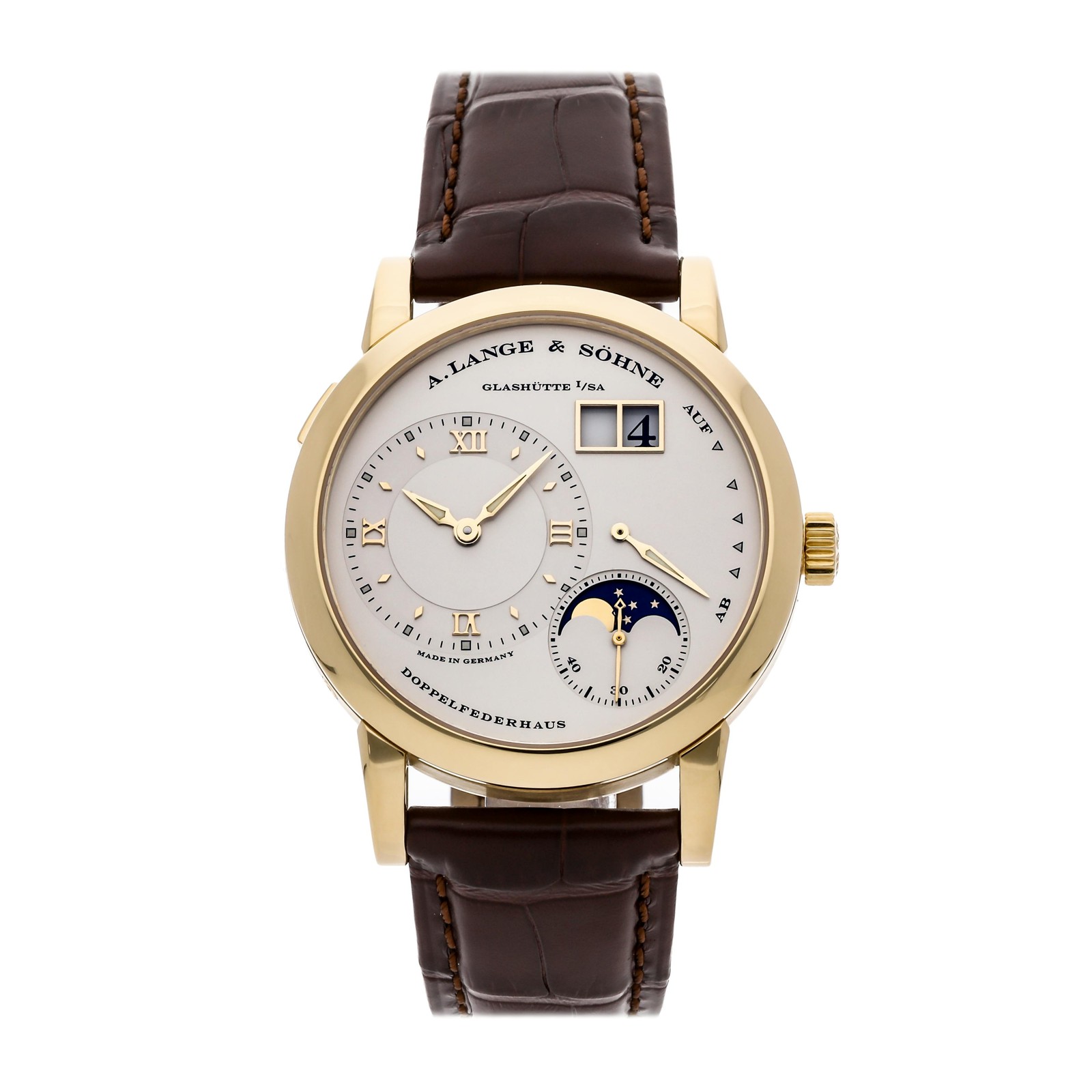 A. Lange & Sohne Lange 1 Moonphase Gold Manual 38mm Silver Dial Watch 109.021