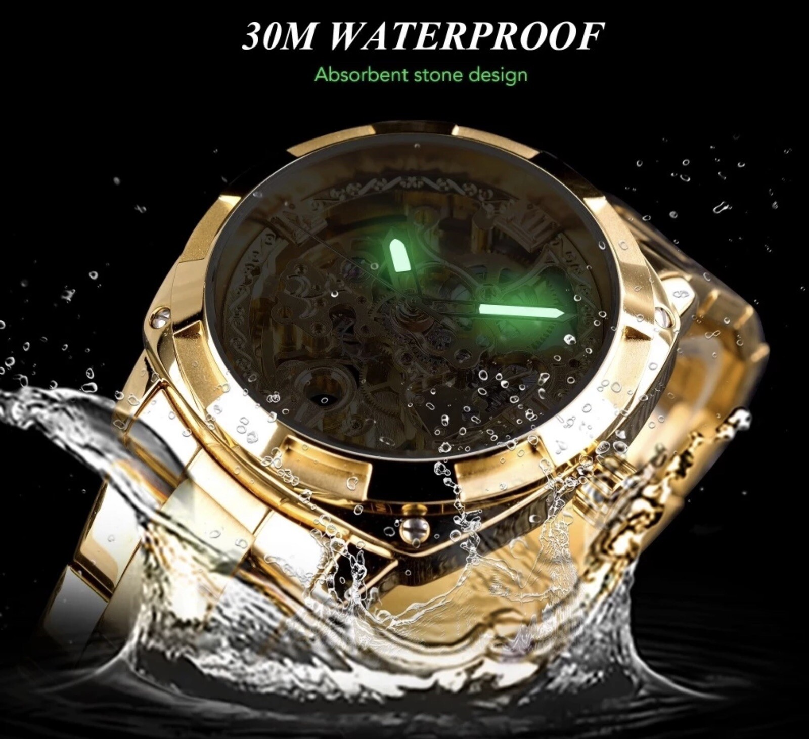Forsining Mens Skeleton Mechanical Waterproof Luxury Watch Gold Gift Idea