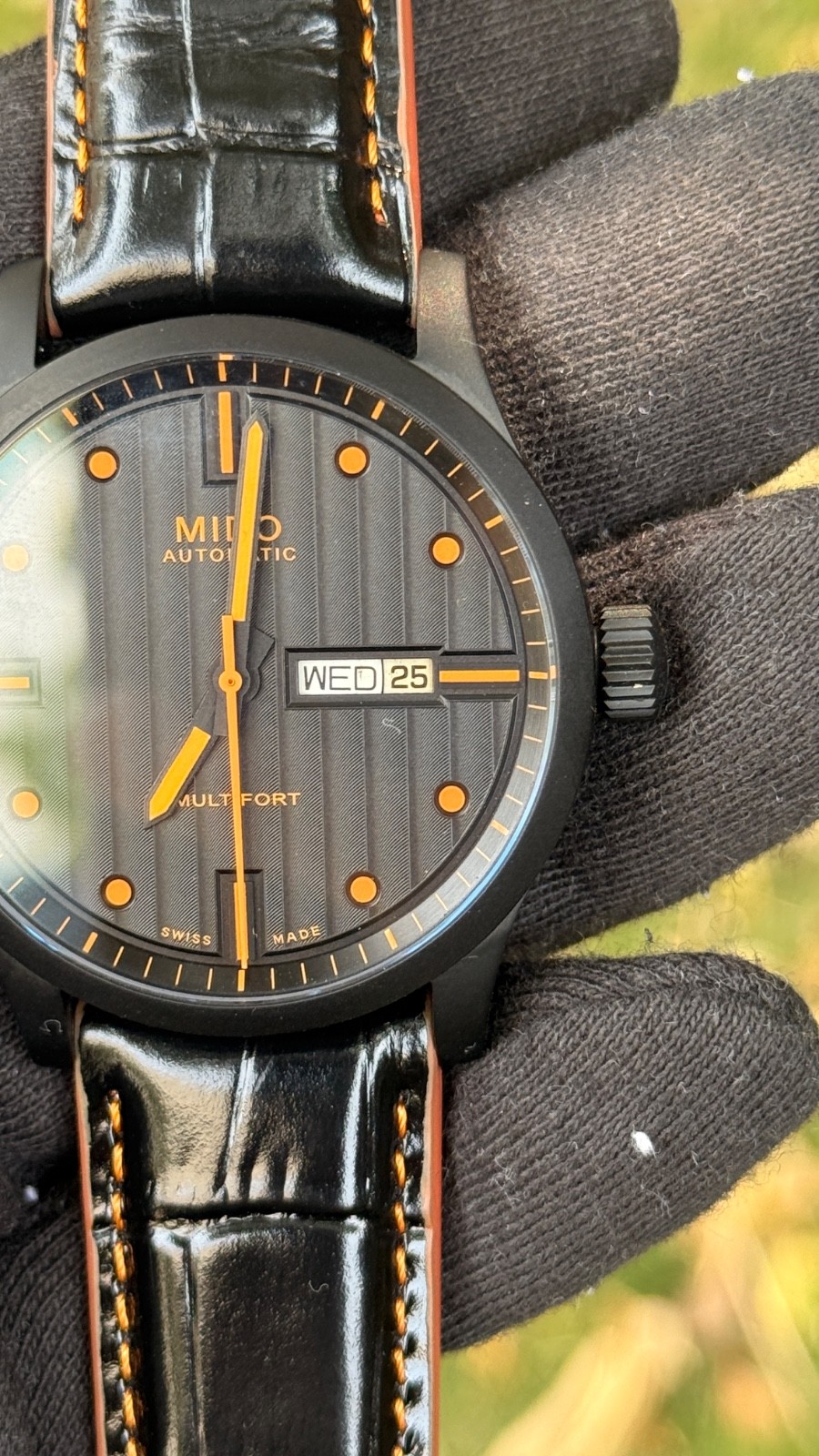 Mido Multifort Day-Date Swiss Automatic Black PVD Orange Dial Day-Date