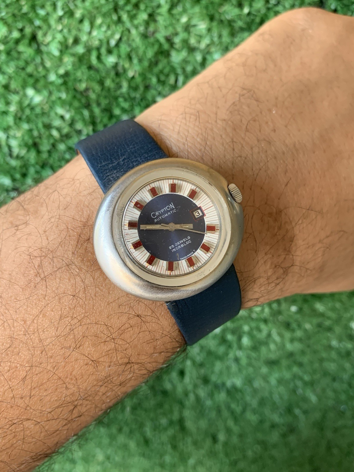 Crypton Automatic Mechanical Watch 25 Jewels Date Blue 37mm 1970s Vintage Red