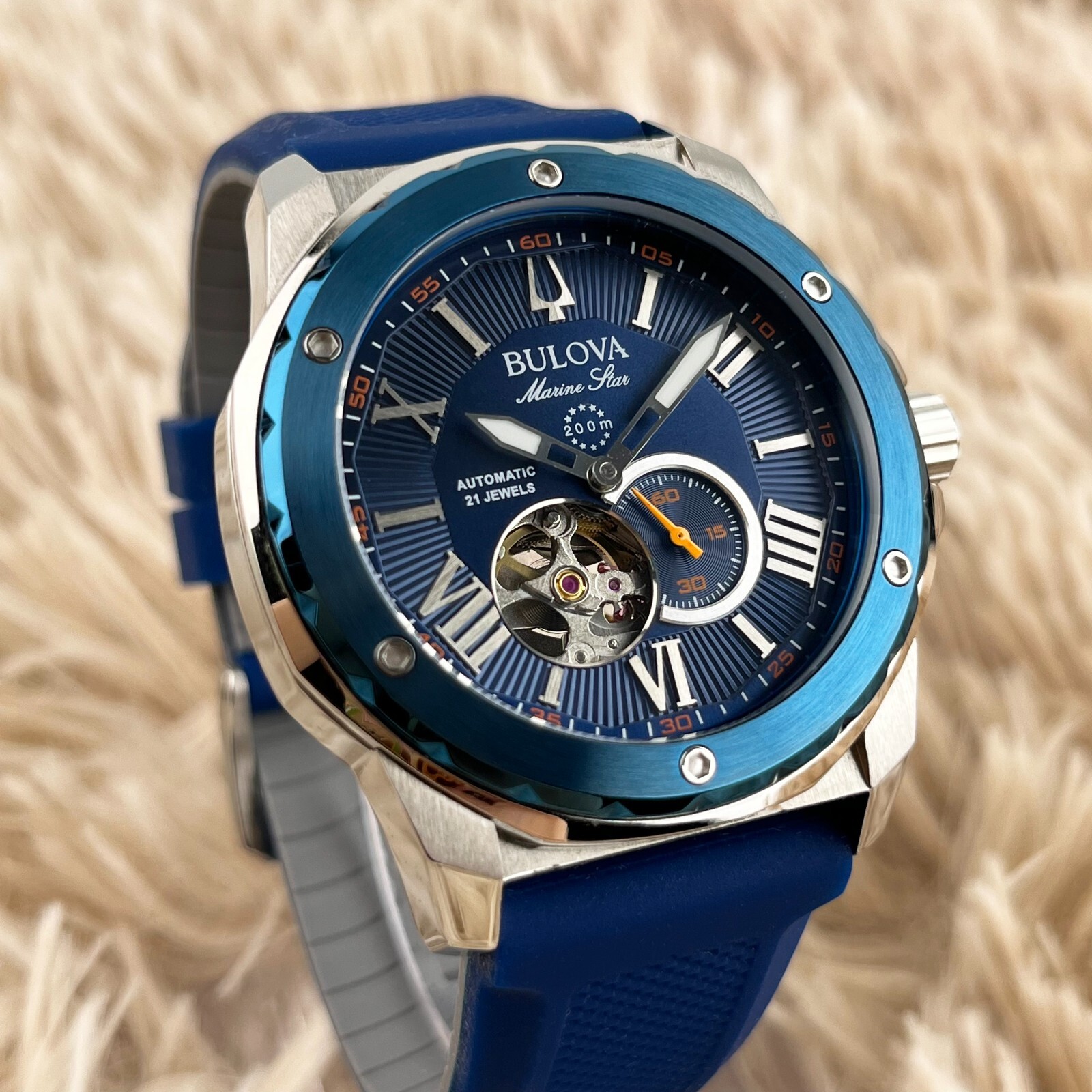Bulova Marine Star Automatic 45mm Blue Dial Blue Rubber Strap Men’s Watch 98A303