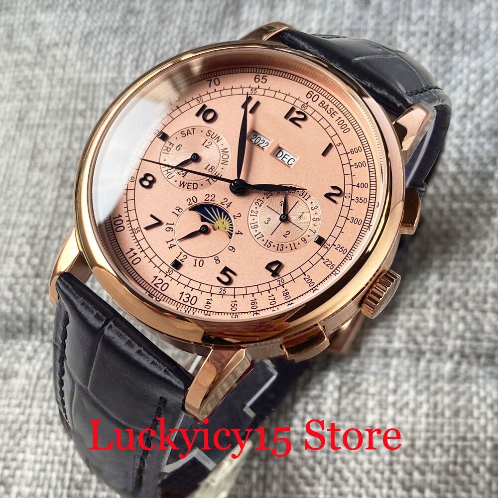 CORGEUT 42MM ST1655 Automatic Mens Watch Day Night Pilot Rose Gold Polish Case